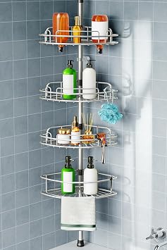 HAMITOR Shower Caddy Tension Pole 4-Tier Corner Rustproof Bathroom Organizer - No-Drill Adjustable Shower Shelf for Renters - Floor to Ceiling Family Apartment Storage Rack - 47-121 Inch Silver Gray