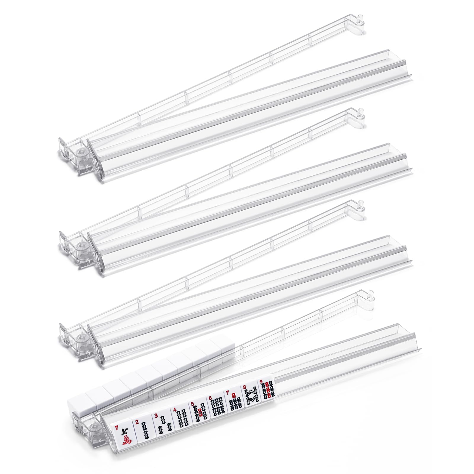 mahjong racks with pushers, 4pcs mahjong all-in-one tile rack and pusher, clear acrylic american majiang tile racks with built-in pushers, transparent