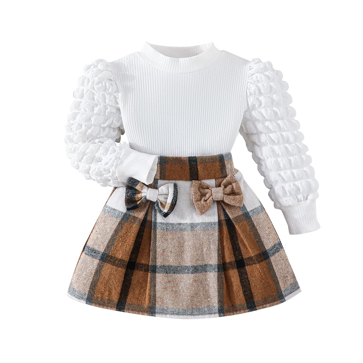 Noubeau Toddler Girls Plaid Outfits Girls Puff Sleeve Knit Ribbed Shirt Tops Plaid Skirt Set Kids Fall Winter Clothes