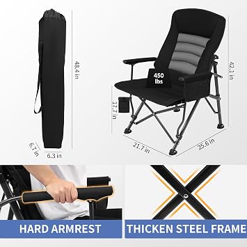 Oversized Camping Chair for Adults Heavy Duty,Outdoor Sports Folding Lawn Chairs with High Movable Back, Folding Chairs for Outside(Black)