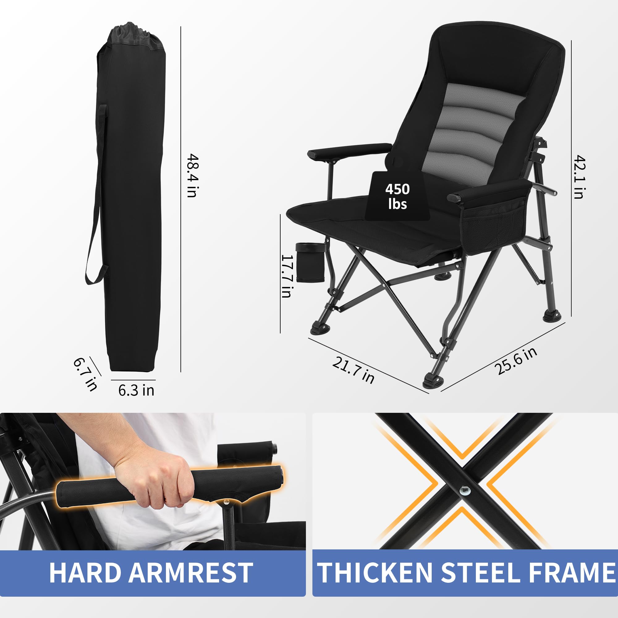 Silla De Camping Plegable Grande Para Adultos – Con Reposacabezas, Enfriador Y Bolsillos, Acero Gris