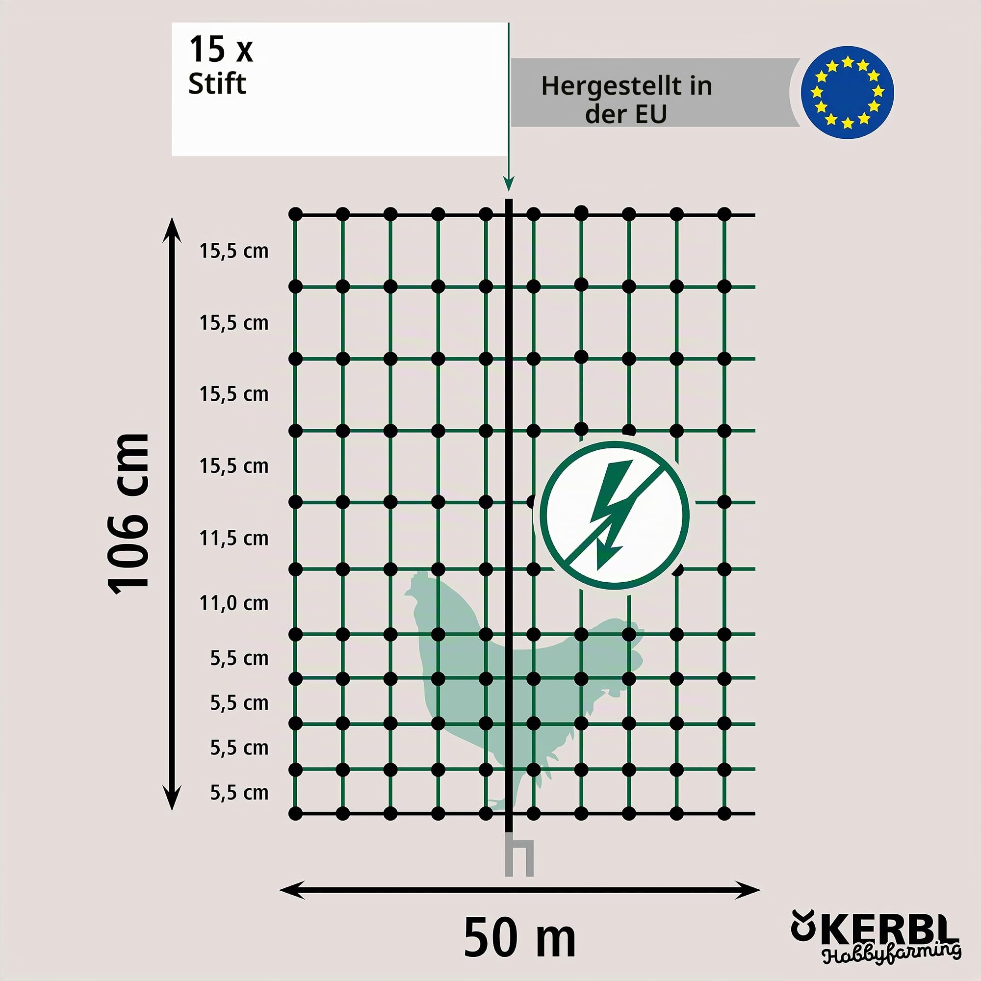 Kerbl Hobbyfarming PoultryNet, 106cm, 50m, Geflügelnetz, Weidezaunnetz, stromlos, Doppelspitze, grün, 15 Pfähle, Hühner, Gänse, Puten, 3 Jahre Garantie UV-Stabilität