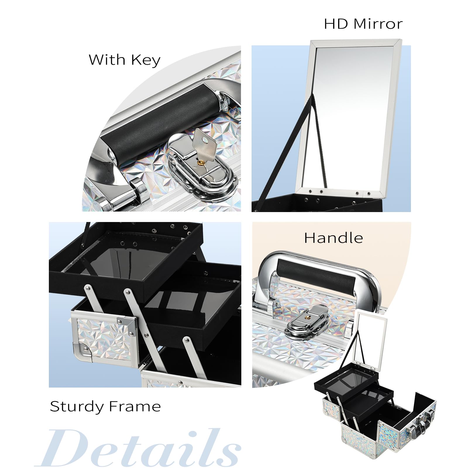 Joligrace Vanity Case - Scatola per trucchi e cosmetici, organizer per trucchi e gioielli, con specchio, chiudibile a chiave, Argento brillante, argento