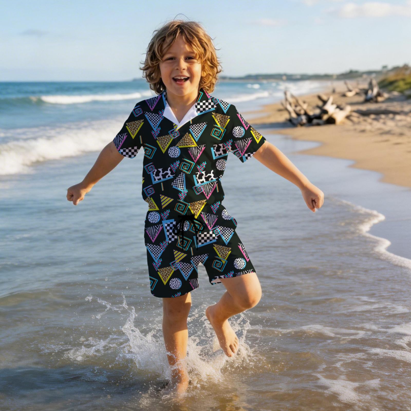 SEA - Conjunto hawaiano de 2 piezas para niños, camisas con botones y forro de compresión para playa y verano
