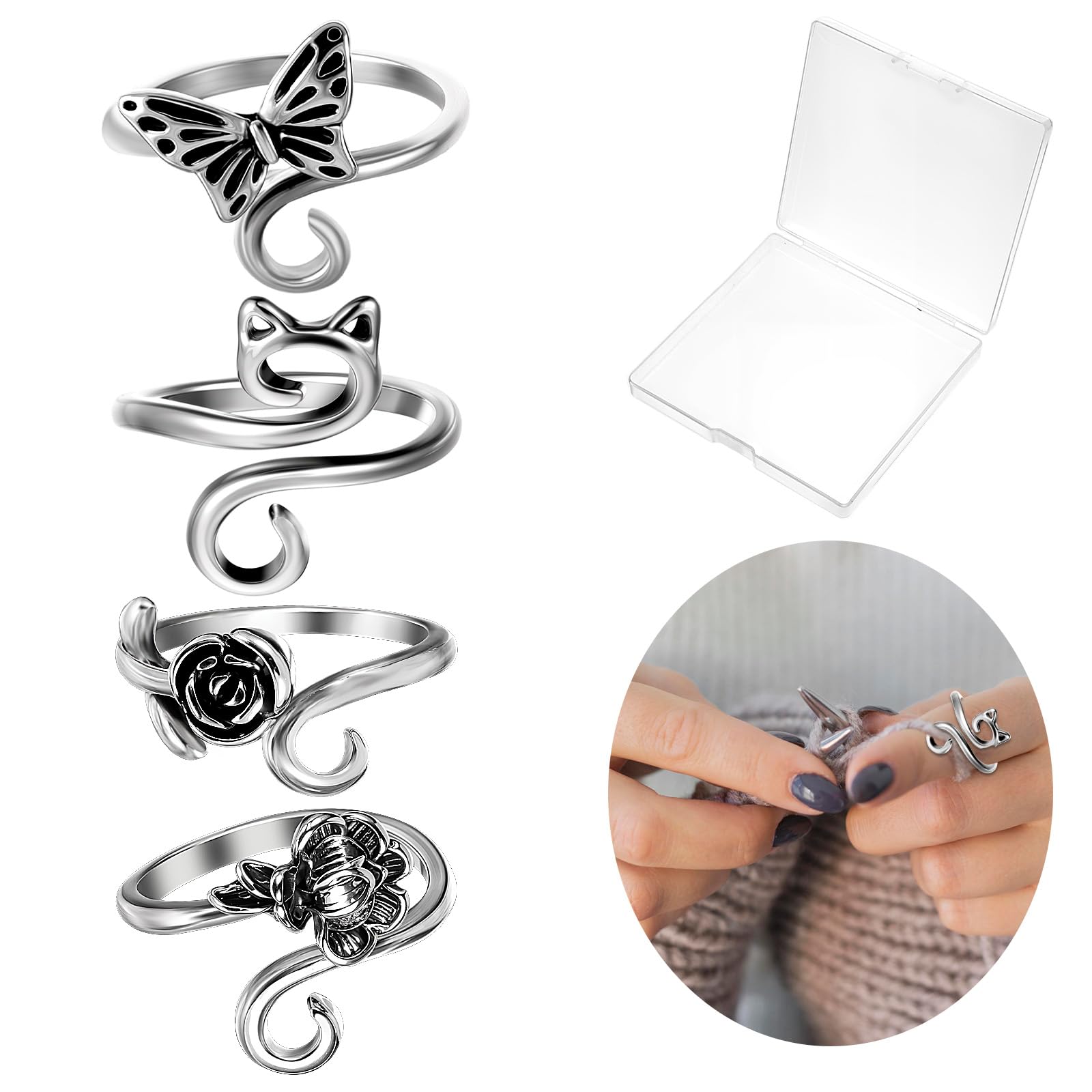 YUXIANLB 4 Pieces Crochet Ring for Fingure Cute Yarn Guide Knitting Ring for Crocheting Adjustable Crochet Tension Rings Yarn Tension Open Rings Easy Crocheting Crochets Accessories Crochets Supplies