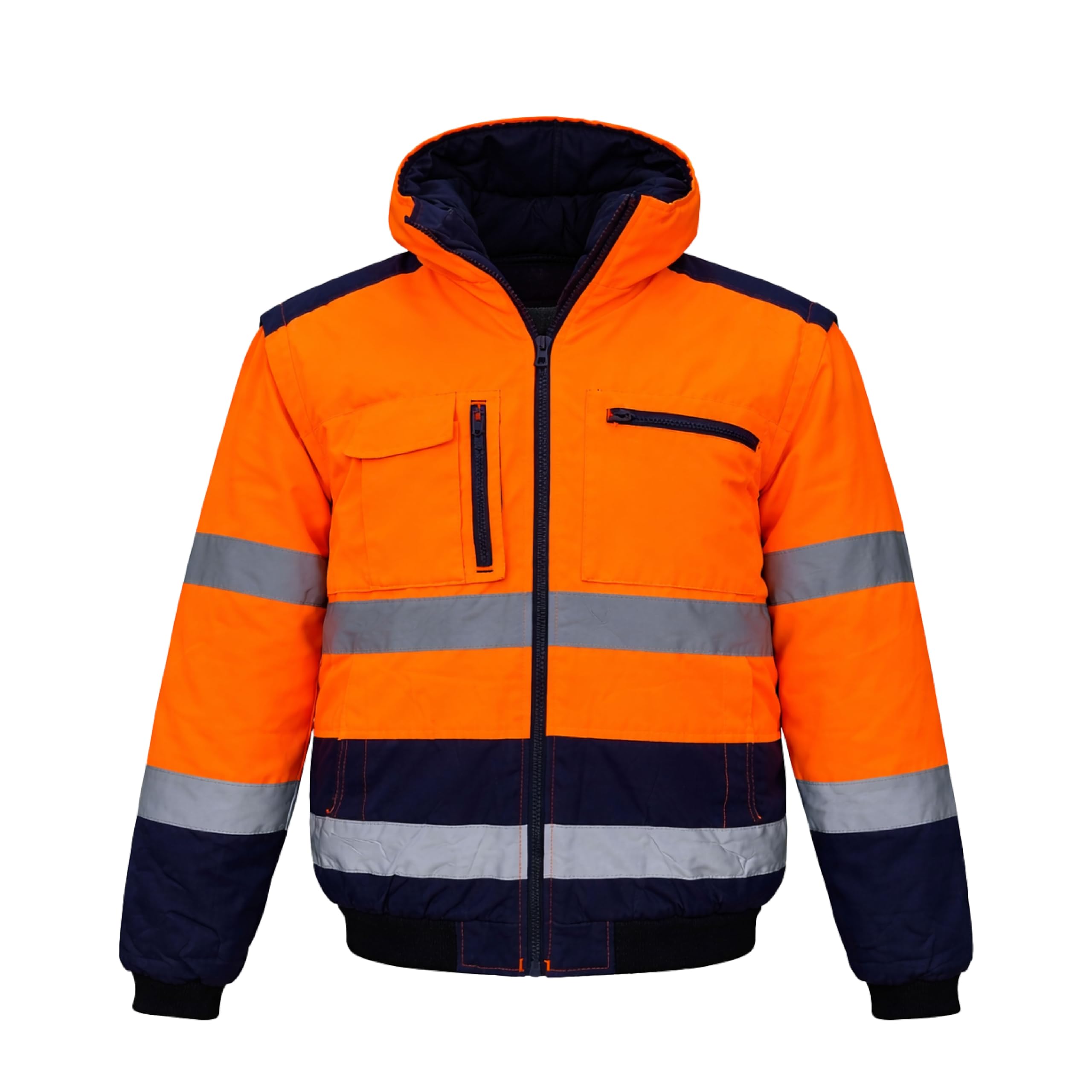 Veste Haute Visibilité - Taille L - Rembourrée Orange Bleu Marine – Blouson Chantier BTP Certifié ISO 20471 | Bandes Réfléchissantes | Imperméable | Veste de Travail de Sécurité