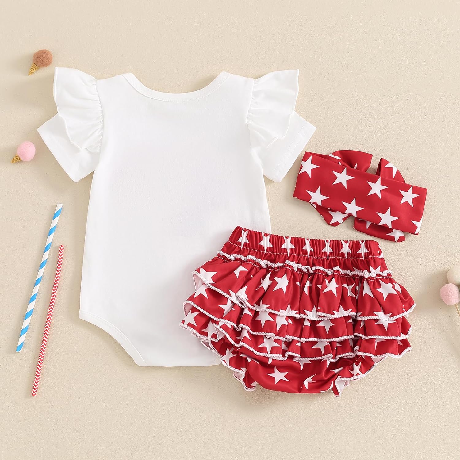 Infant Baby Girl 4th of July Outfit Short Sleeve Romper + Ruffle Shorts Set Cute Fourth of July Clothes