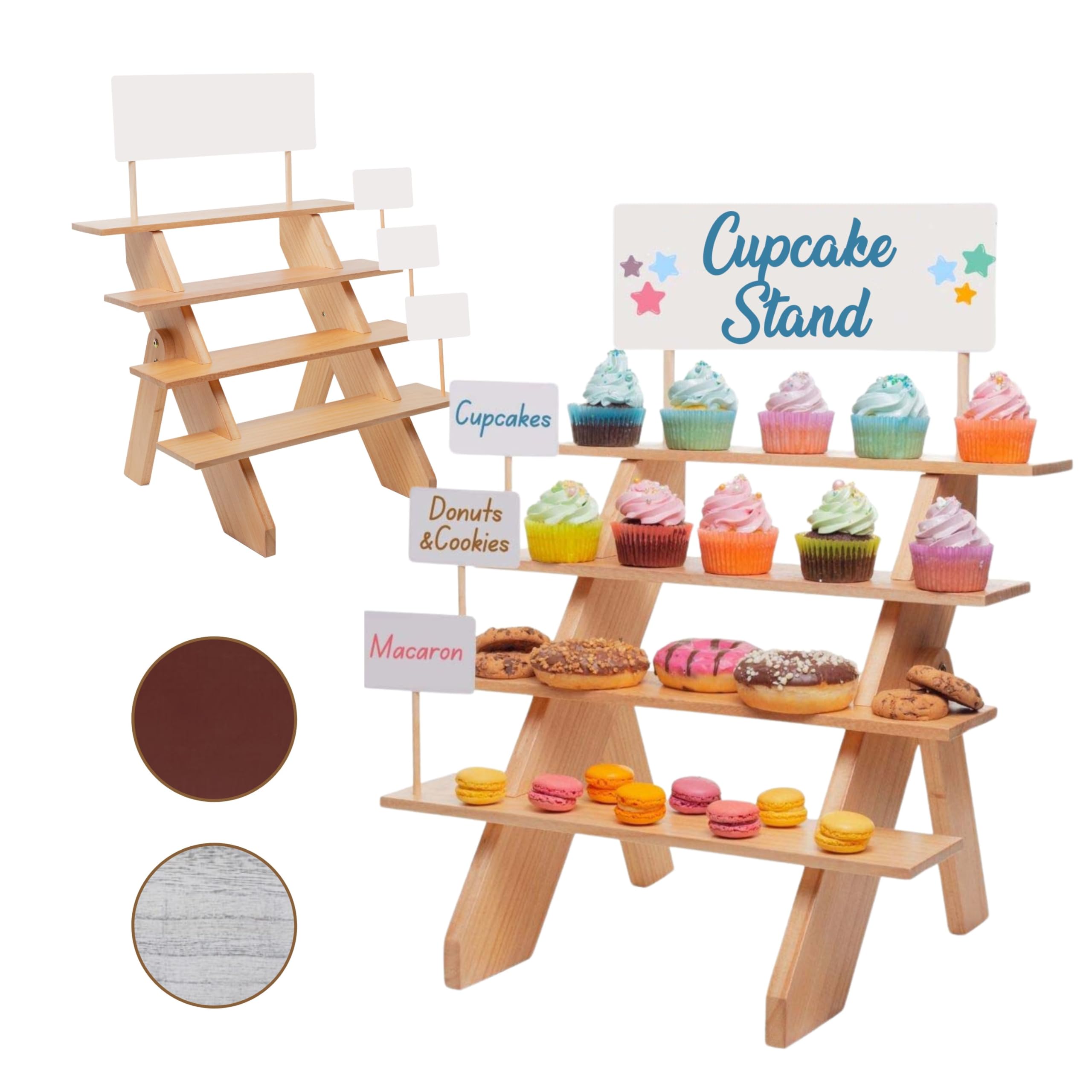 Wooden Cupcake Stand - Wooden Display Stand For Dessert Table, Wood Stands For Food Small Collectibles Candles Buffet Catering Bakery Cupcakes, Ladder Tiered Shelf, 4 Tier Cupcake Stand Holder Decor