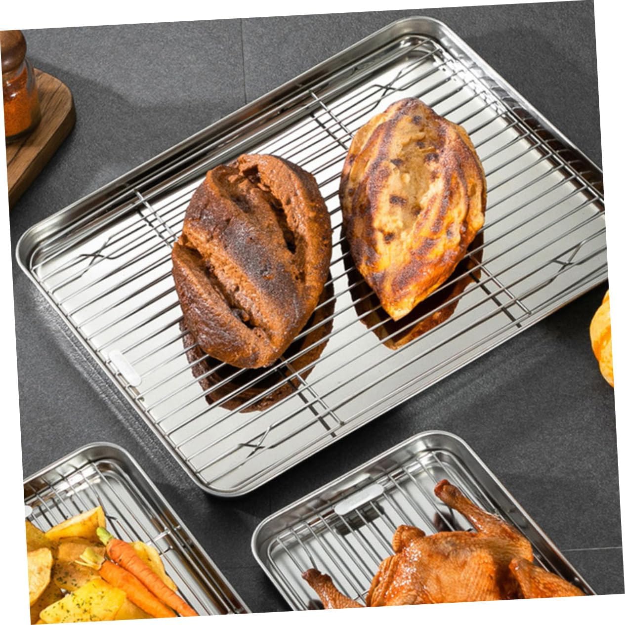 2sets Stainless Steel Baking Tray with Rack for Cooling and Roasting for Snacks Cakes and Pastries Kitchen Bakeware