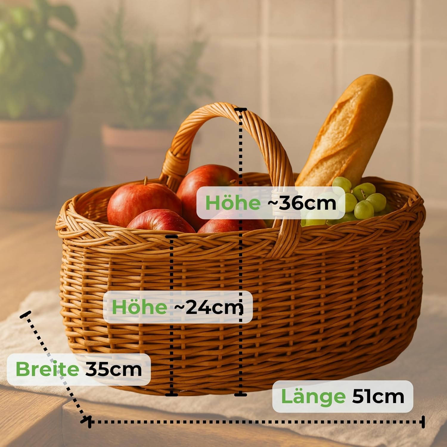 Großer Einkaufskorb/Autokorb aus Weide mit Henkel und Stoffeinlage (Schottenkaro, rotkariert) | mit Schutzfolie | geflochten oval