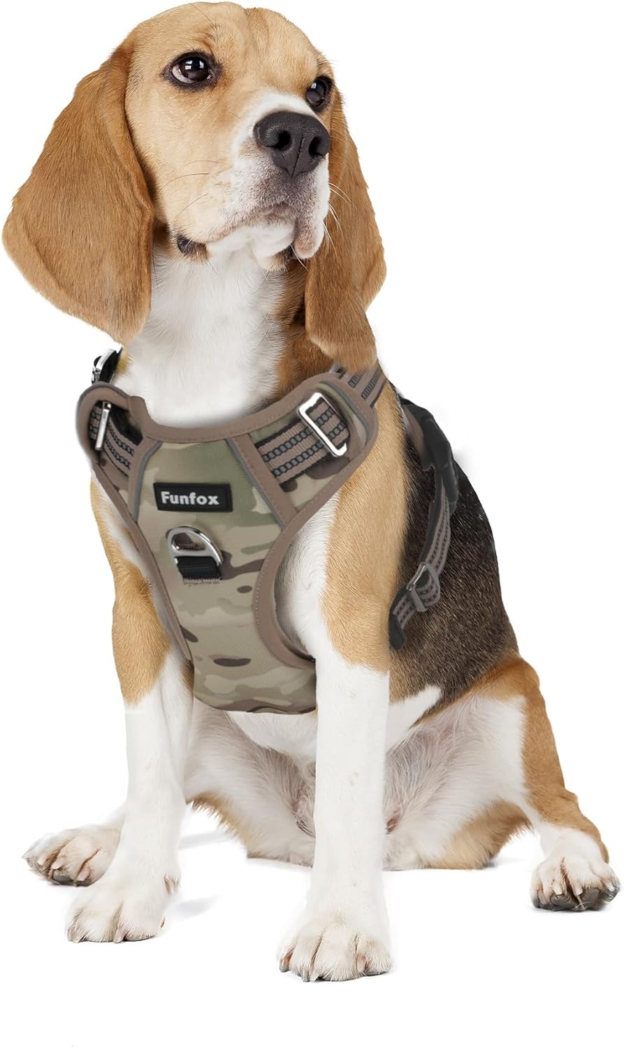 Funfox Dog Harness Medium No Pull, Adjustable 2 Clips Anti-Pull Vest with Practical Handle, Breathable Padded Pet Harness Designed for Small/Large Breeds, Reflective Training Walking Camo Brown M