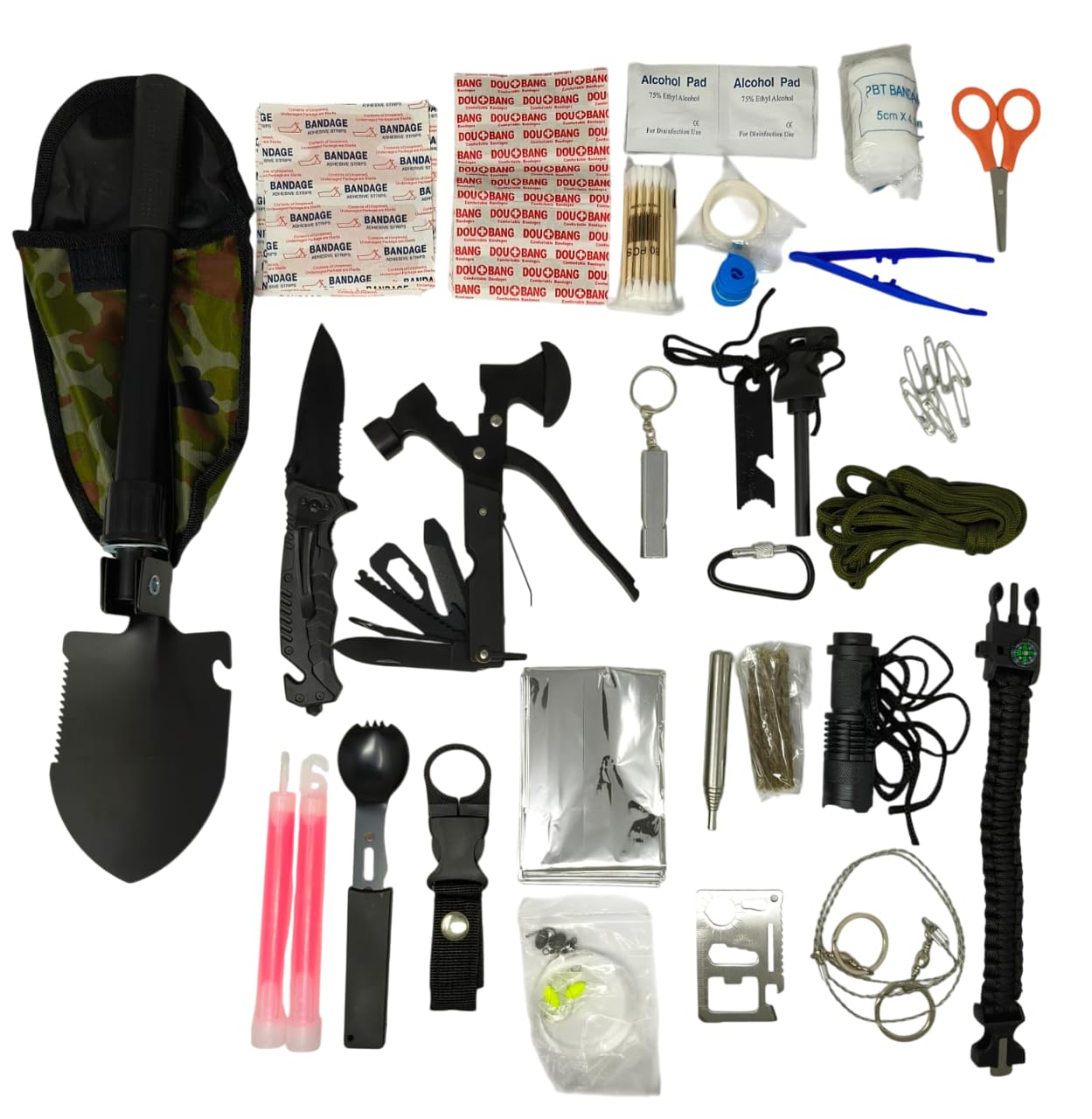 Kit de Supervivencia 50 en 1, Equipo Táctico con Bolsa Impermeable, Herramientas Multifunción y Primeros Auxilios para Camping y Emergencias.