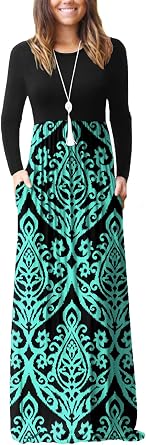 GRECERELLE Womens Casual Long Sleeve Maxi Dresses with Pockets Crew Neck Soft Stretchy Flowy Fall Dress for Work Church