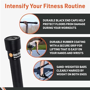 Body Sport Weighted Bar Strength Training Workout Bar for Men and Women Durable Curl Bar with Secure Rubber Grip for at Home or Gym For Yoga, Pilates, Physical Therapy, Resistance Training, and More