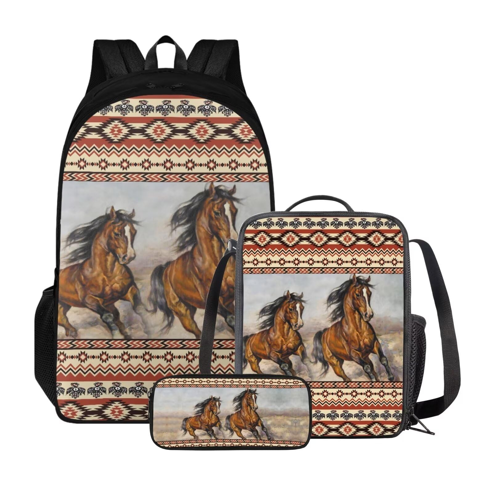 Poceacles Zaino scolastico con borsa per il pranzo e astuccio per ragazze e bambini, set da 3 pezzi, borsa per la scuola Mochila Escolar para NiñAs, Cavallo tribale azteco