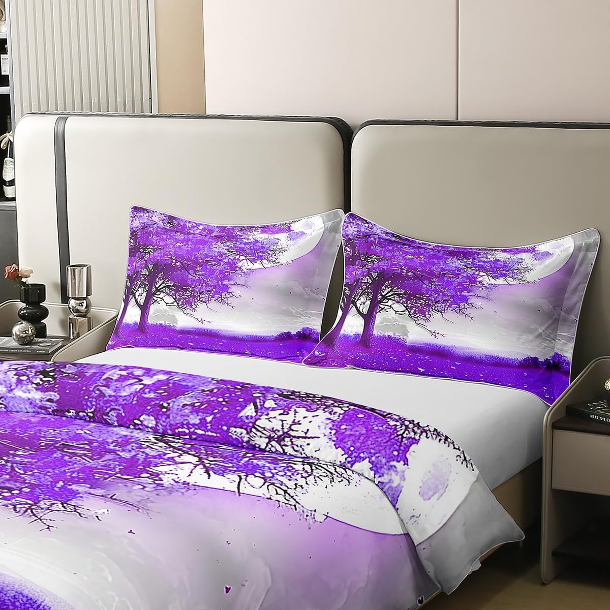 Life Tree Comforter Cover Queen Bohemia Moon Night 100% Organic Cotton Duvet Cover Purple Nature Grass Bedding Sets Western Farmhouse Bedspread Cover with 2 Pillowcases Soft(No Comforter)