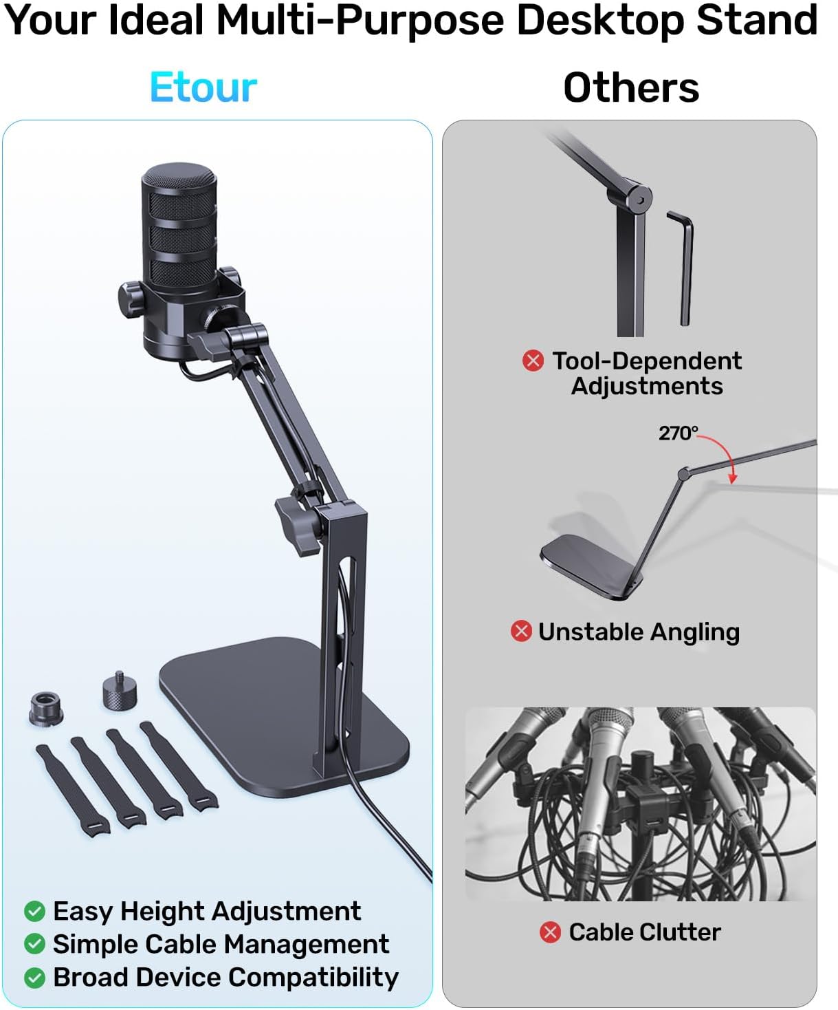 Desktop Microphone Stand for Studio Mics, Adjustable Arm [Max Load 2.2lb] with Heavy Base, Fits Blue Yeti, HyperX QuadCast, Fifine, Webcam & Camera and more, for Recording/Podcasting/Streaming