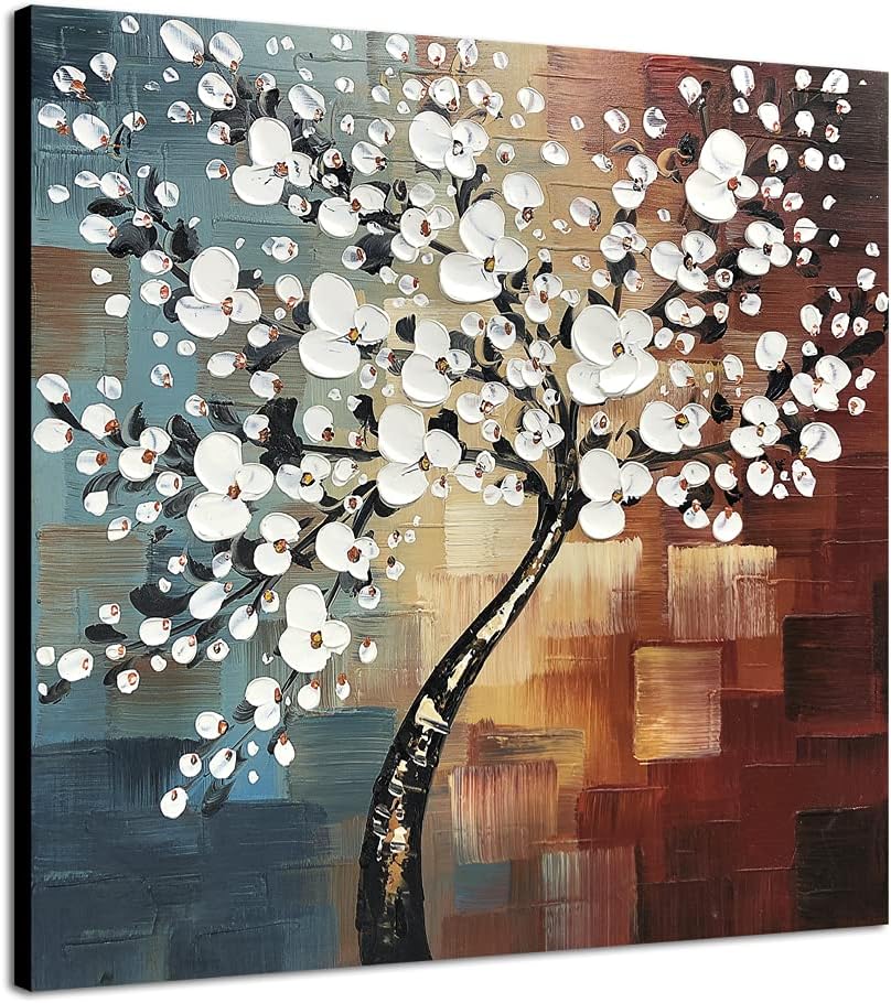 Wieco Art Morning Glory Modern Abstract White Flowers 100% Hand-painted Oil Paintings Floral Artwork on Canvas Wall Art for Home Office Decorations Wall Decor