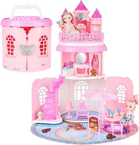 deAO Casa de muñecas portátil con 2 figuras de juguete, sala de estar, dormitorio, balcón y accesorios para niños de 3 a 7 años (rosa)