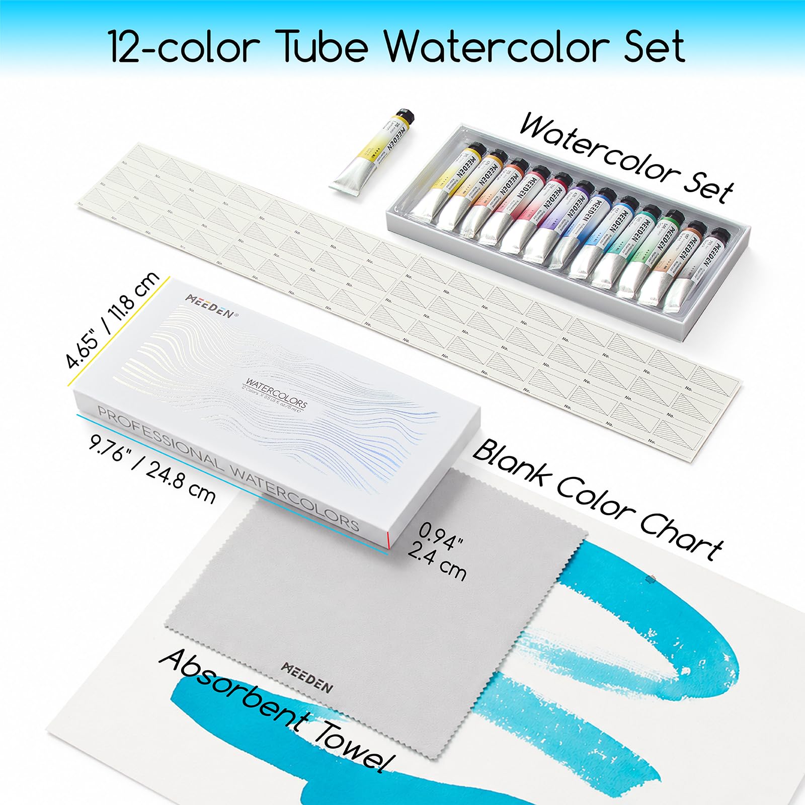 MEEDEN Professionelles Aquarellfarbenset: 12 x 15ml Farben Künstler-Aquarellfarbtuben - Aquarellmaterialien für Erwachsene, Künstler und Atelier