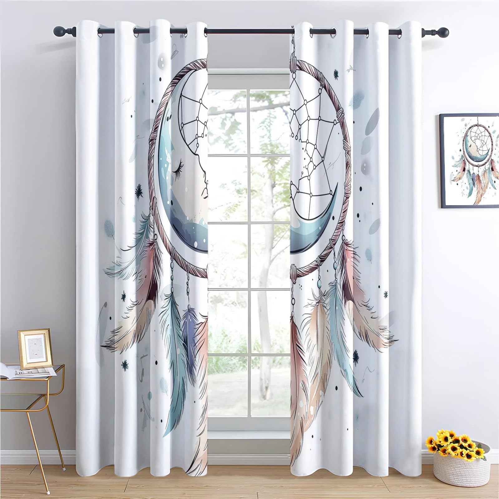 Para zasłony zaciemniające łapacz snów pióro księżyc miękka zasłona termiczna niebieska izolacja do salonu, sypialni i wnętrza 140 x 220 cm (3 panele)