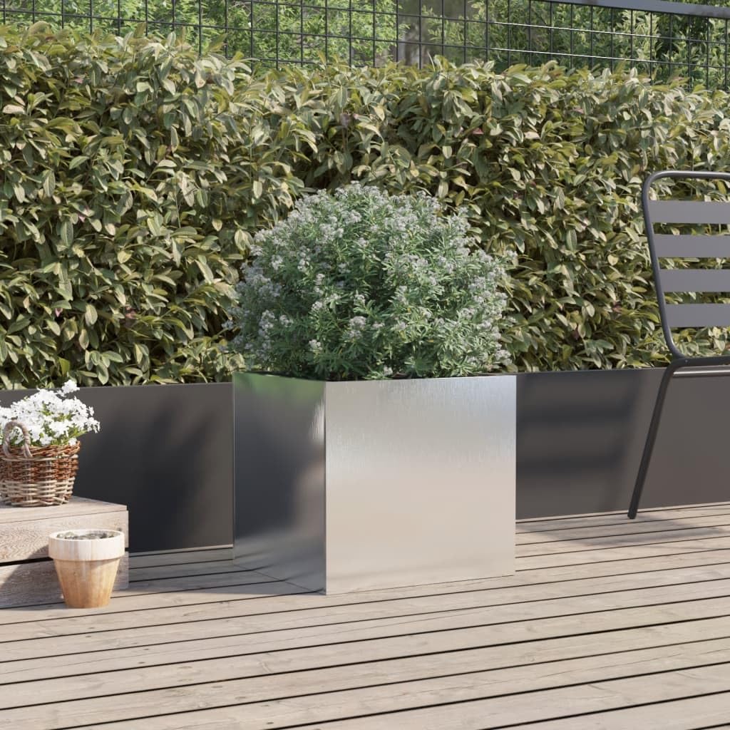Homogen Pflanzkübel Silbern aus Edelstahl 42x40x39 cm mit Abflussloch und Untersetzer, wetterfest für Balkon, Terrasse, Wohnzimmer, Indoor und Outdoor Pflanzengefäß, dekorativer Blumentopf