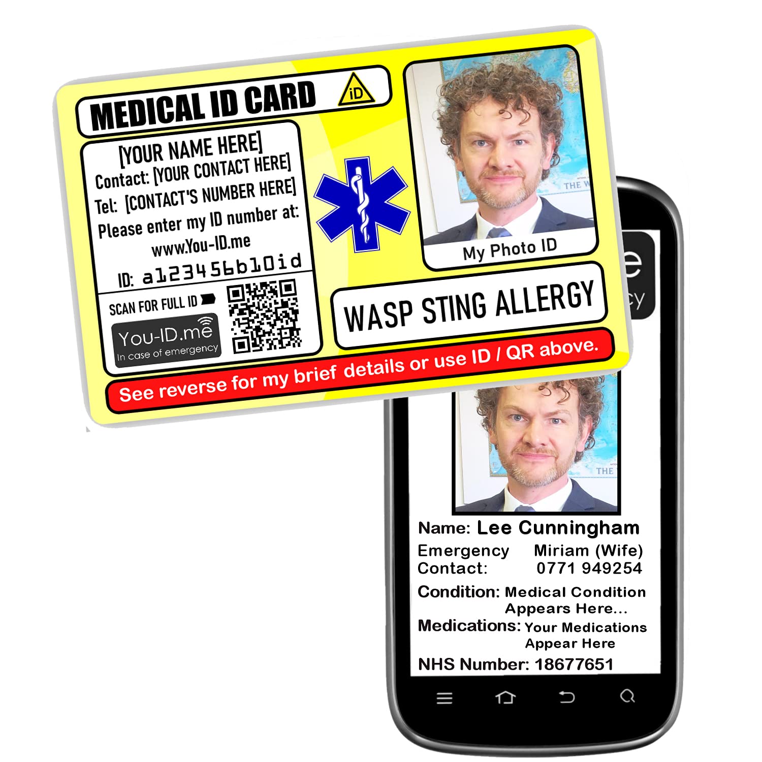 Medical Card, Photo ID, Emergency Alert Card, Customise with Name, Contacts, Number, Condition, Photograph, Works with You ID Me (Wasp Sting Allergy)