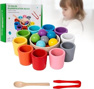 Montessori Rainbow Balls in Cups, Color Sorting and Counting Play, Classification Cup Fun Game with Spoon and Tongs, Wooden Ten Colors Matching Games
