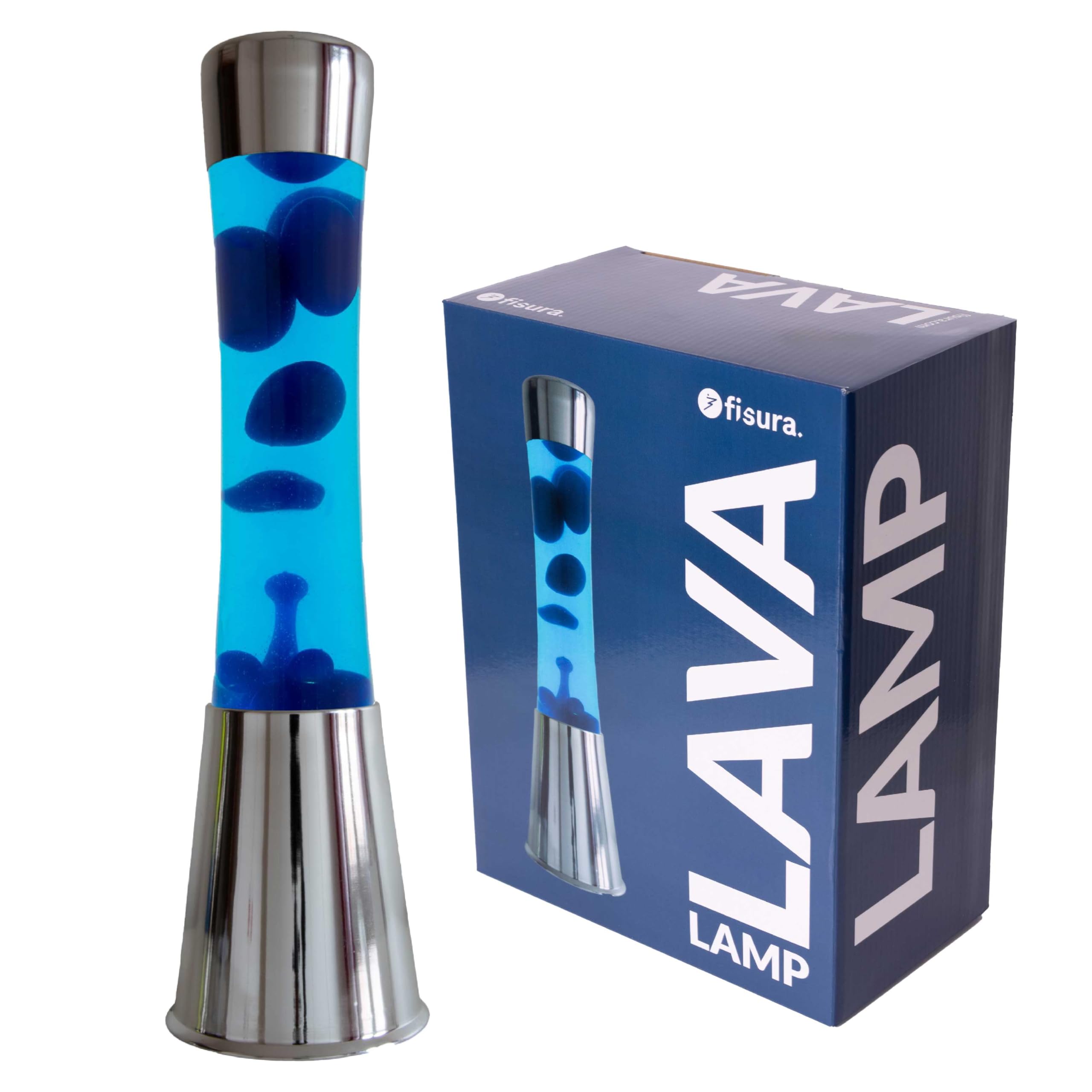 Fisura Blue Lava Lamp, Chrome Silver Base, Blue Liquid and Blue Lava Relaxing Effect Lamp with Replacement Bulb, 11cm x 11cm x 39.5cm