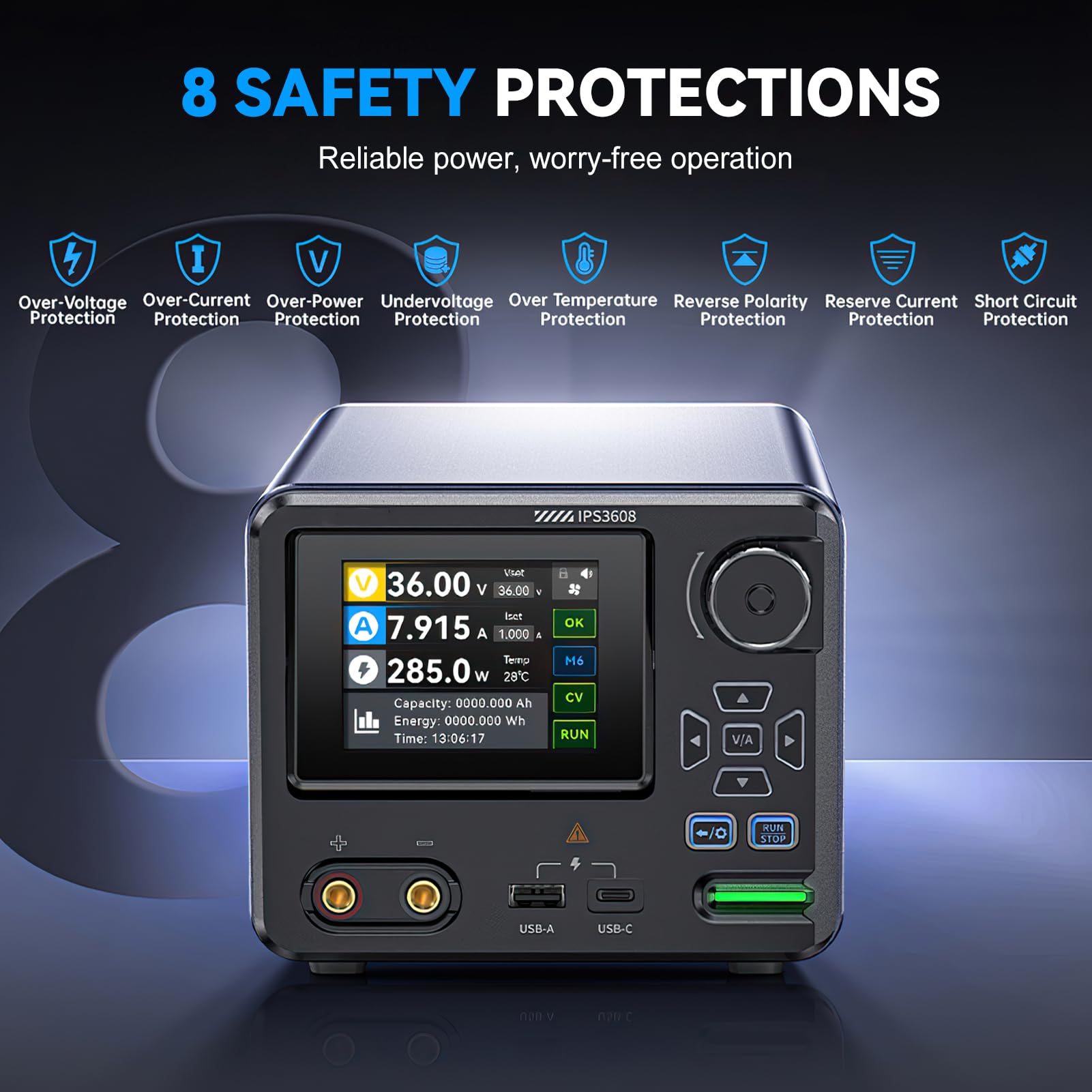 Labornetzteil 36V 8A DC Einstellbare Gleichstromversorgung Schaltnetzteil 10mV Welligkeit Tischnetzteil USB A und Typ C Anschlüsse 4 stelliges IPS Labornetzgerät LED-Display IPS360