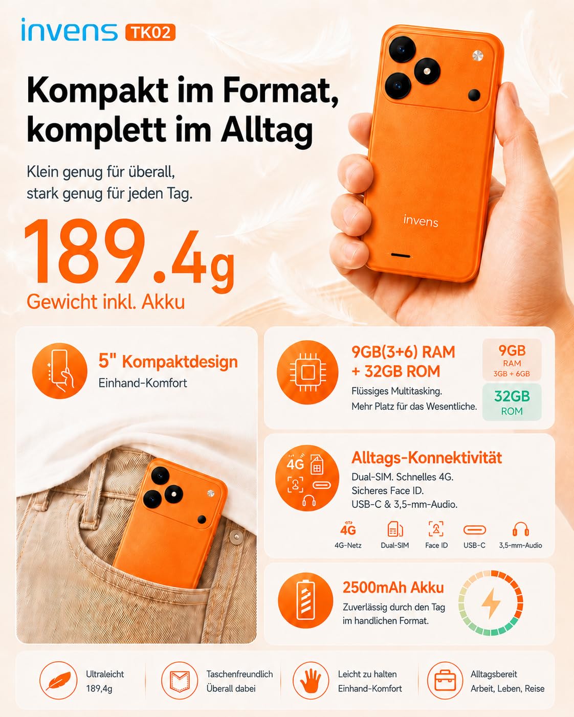 invens TK02 Smartphone Ohne Vertrag Günstig, Android 16 Go Handy, 5,0 Zoll, 9GB RAM (3+6) + 32GB ROM, 4G LTE, Dual SIM + TF 256GB, 8MP + 5MP Kamera, Abnehmbarer Akku, USB-C, 3,5 mm, Orange