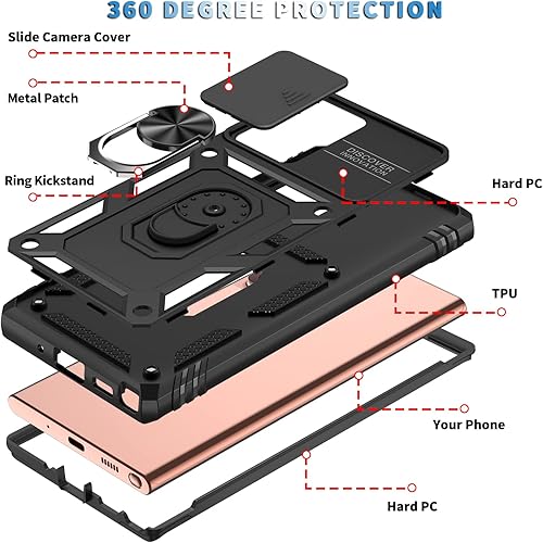 Miniatura 5 de DAWEIXEAU Funda para Galaxy Note 20 Ultra, a prueba de golpes, resistente a los impactos, con lente deslizante y soporte, color negro