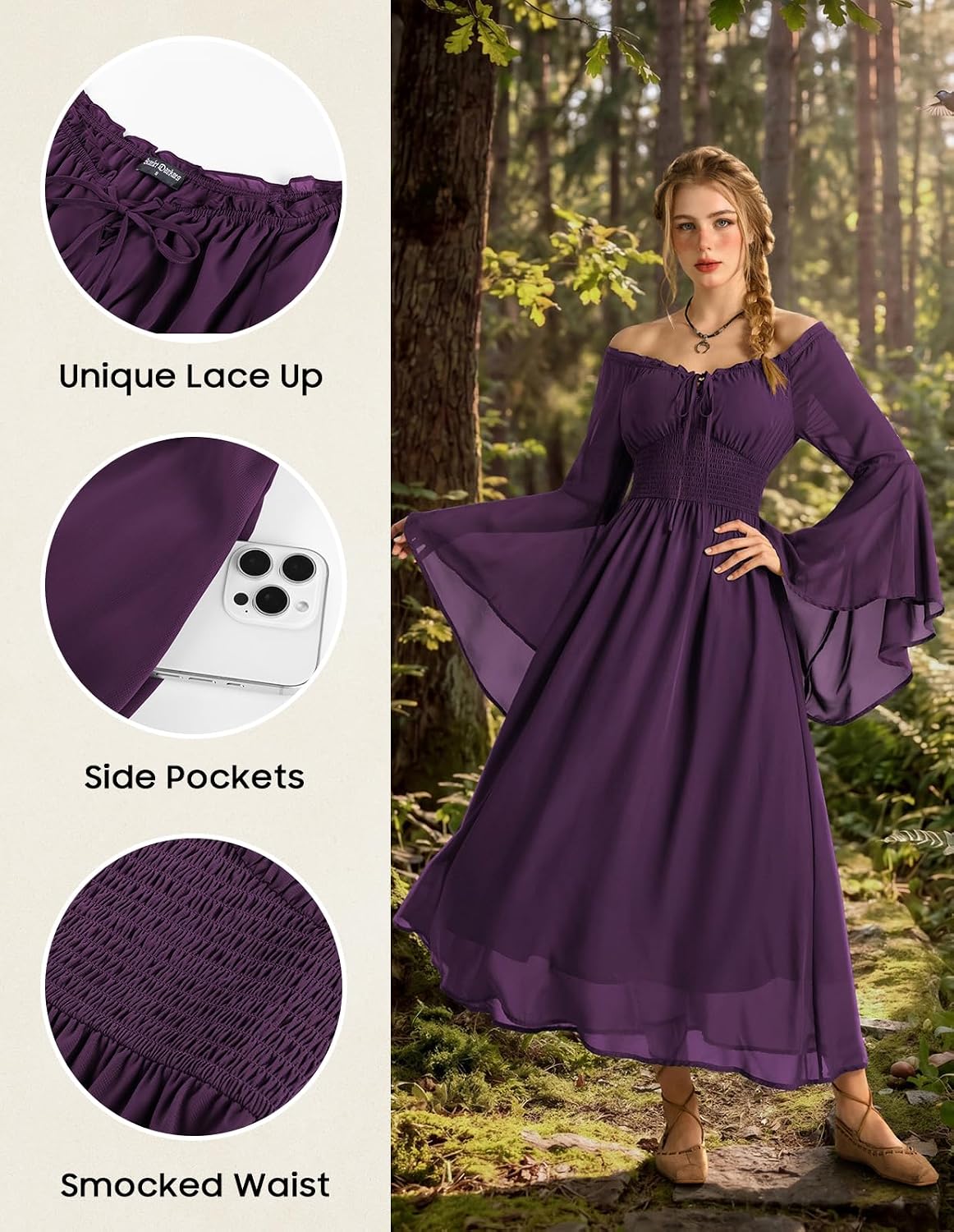Scarlet Darkness Renaissance Dress Women Peasant Medieval Costume Off Shoulder Maxi Dresses with Pockets