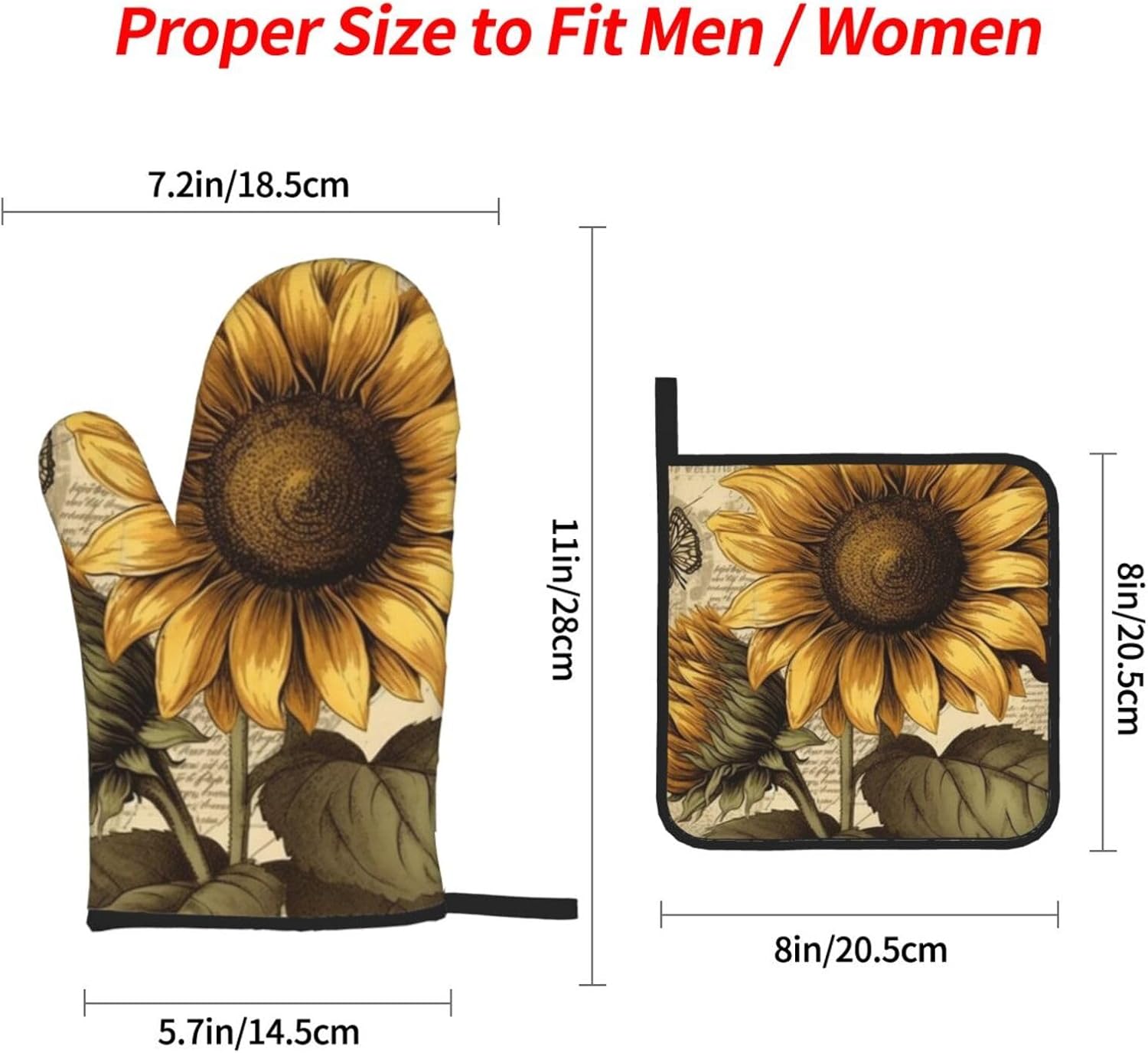 4 pcs Oven Mitts and Pot Holders Set Retro Sunflower Oven Mitt Heat Resistant Oven Gloves for Cooking Non-Slip Hot Pads Washable Cooking Gloves for Baking BBQ Microwave