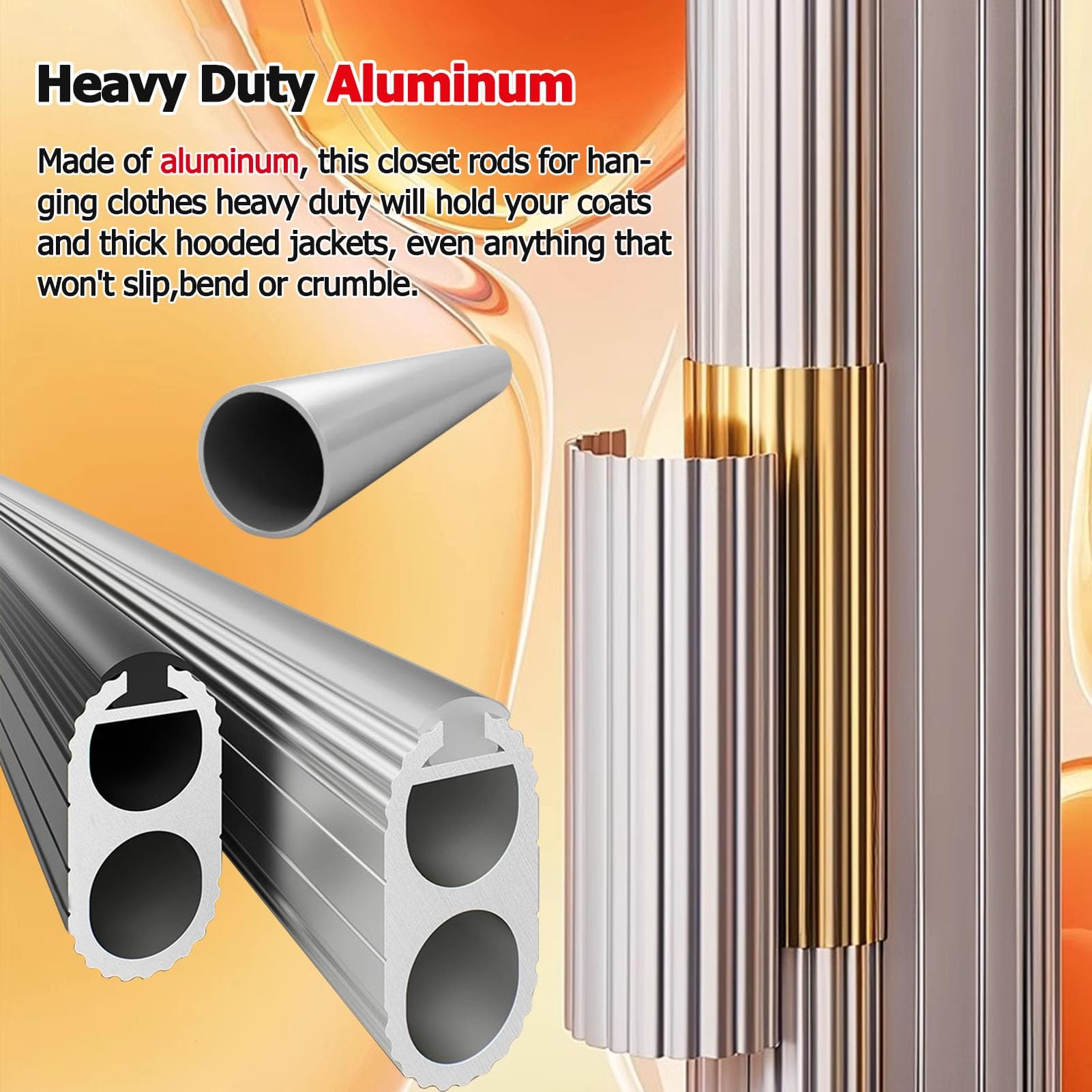 Schrankstange Schrankrohr Kleiderstange Anpassbar & Zuschneidbar Stangen Für Kleiderschränke Zum Aufhängen Von Kleidung, 20 28 43 51 59 63 Zoll Lang Aluminium Kleiderbügelstange(Gold,L 60cm/23.6inch)