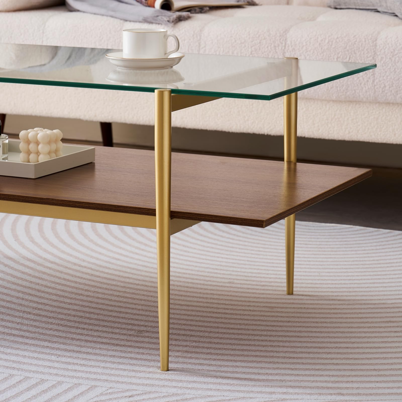 Mesa auxiliar rectangular, diseño moderno de mediados de siglo, 21 pulgadas de largo x 17 pulgadas de alto, para sala de estar, estructura de 2 niveles, parte superior de vidrio transparente y 7