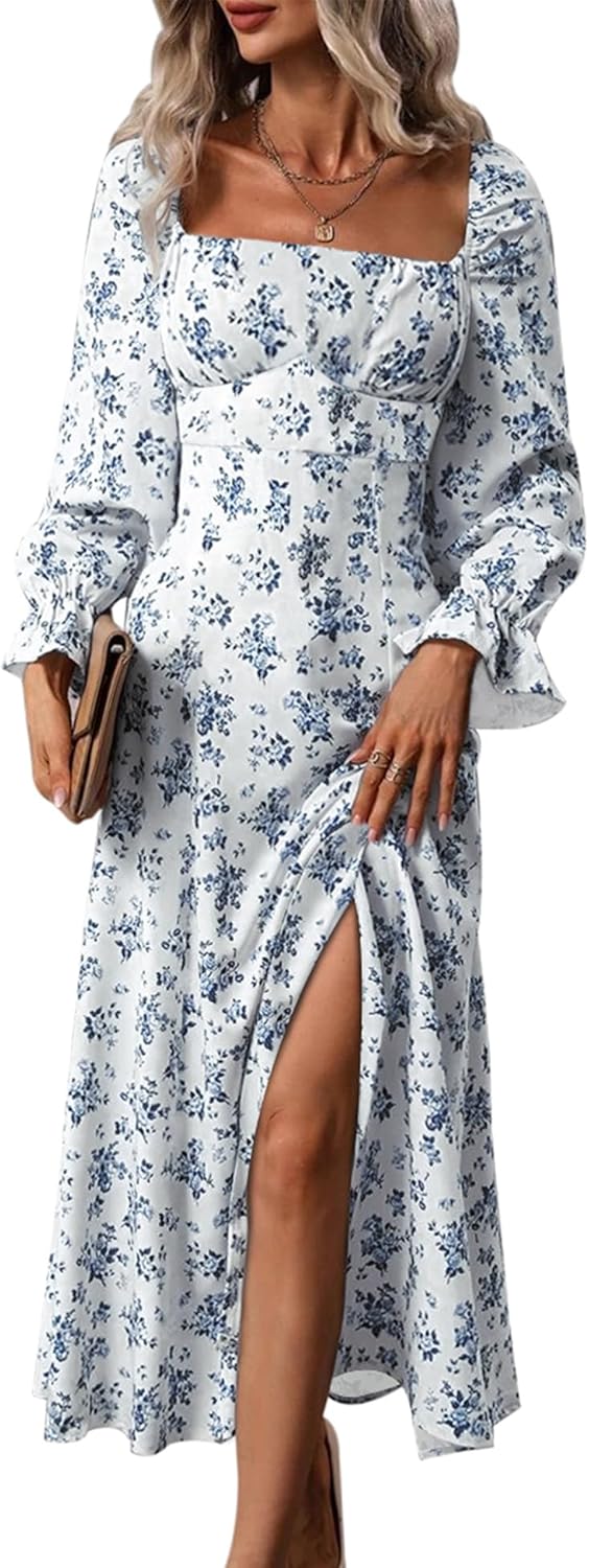Relipop Women's Floral Puff Long Sleeve Maxi Dress Casual Square Neck Flowy Boho Split A Line Dresses - Image 2
