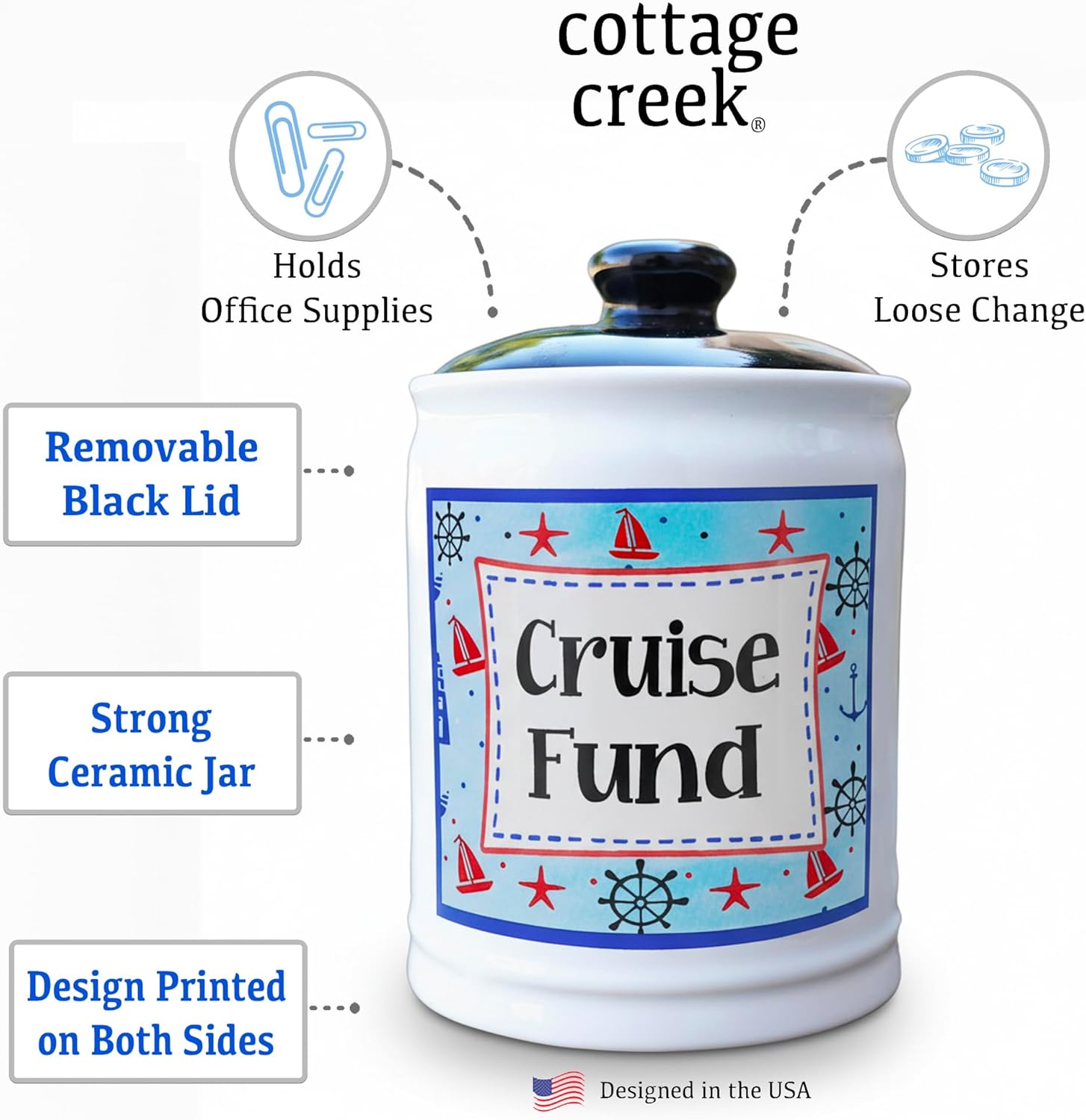 Cottage Creek Jars | Cruise Fund Piggy Bank, Travel Essentials Vacation Money Jar | Fun Birthday Gifts for Women, Men, Couples | Ceramic Travel Fund Bank, 6-Inch Cruise Essentials Jar