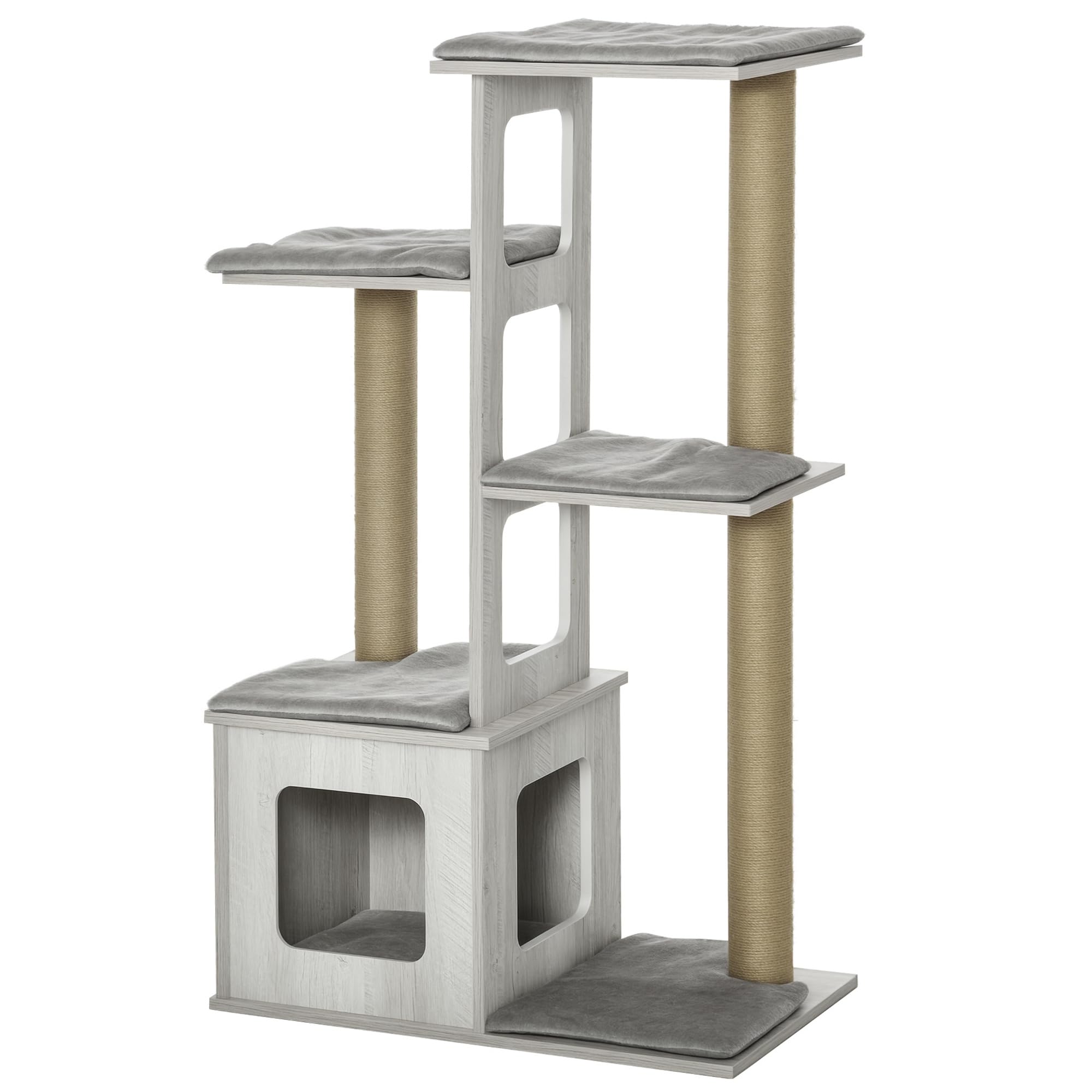 PawHut kattenboom met jute krabmat zitstok hangbal krabplank kattenmeubel met deurgat meubel voor huisdieren MDF pluche jute lichtgrijs 40 x 40 x 57 cm