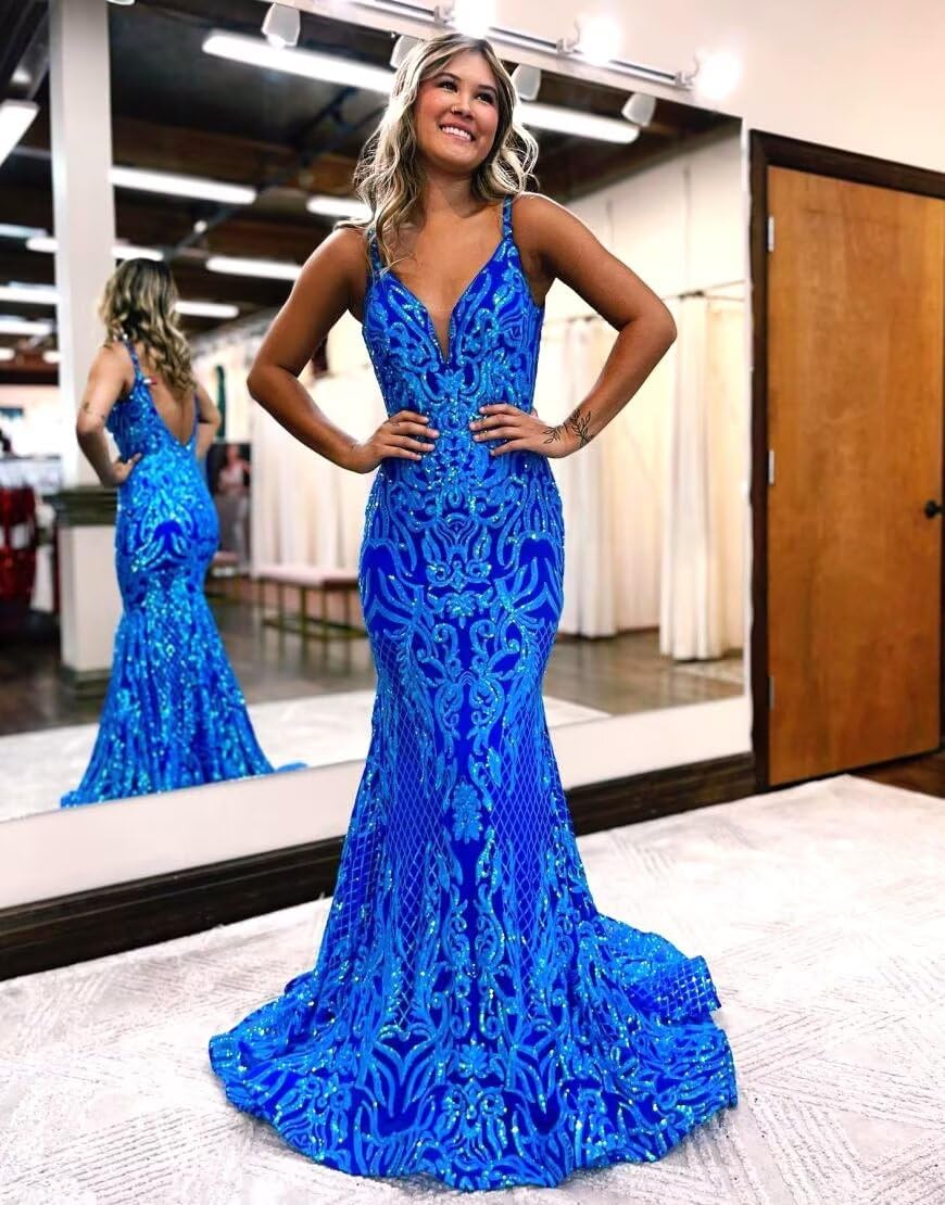 Sparkly Sequin Prom Dresses Long for Teens 2024 V Neck Mermaid Lace Formal Evening Gowns VS055