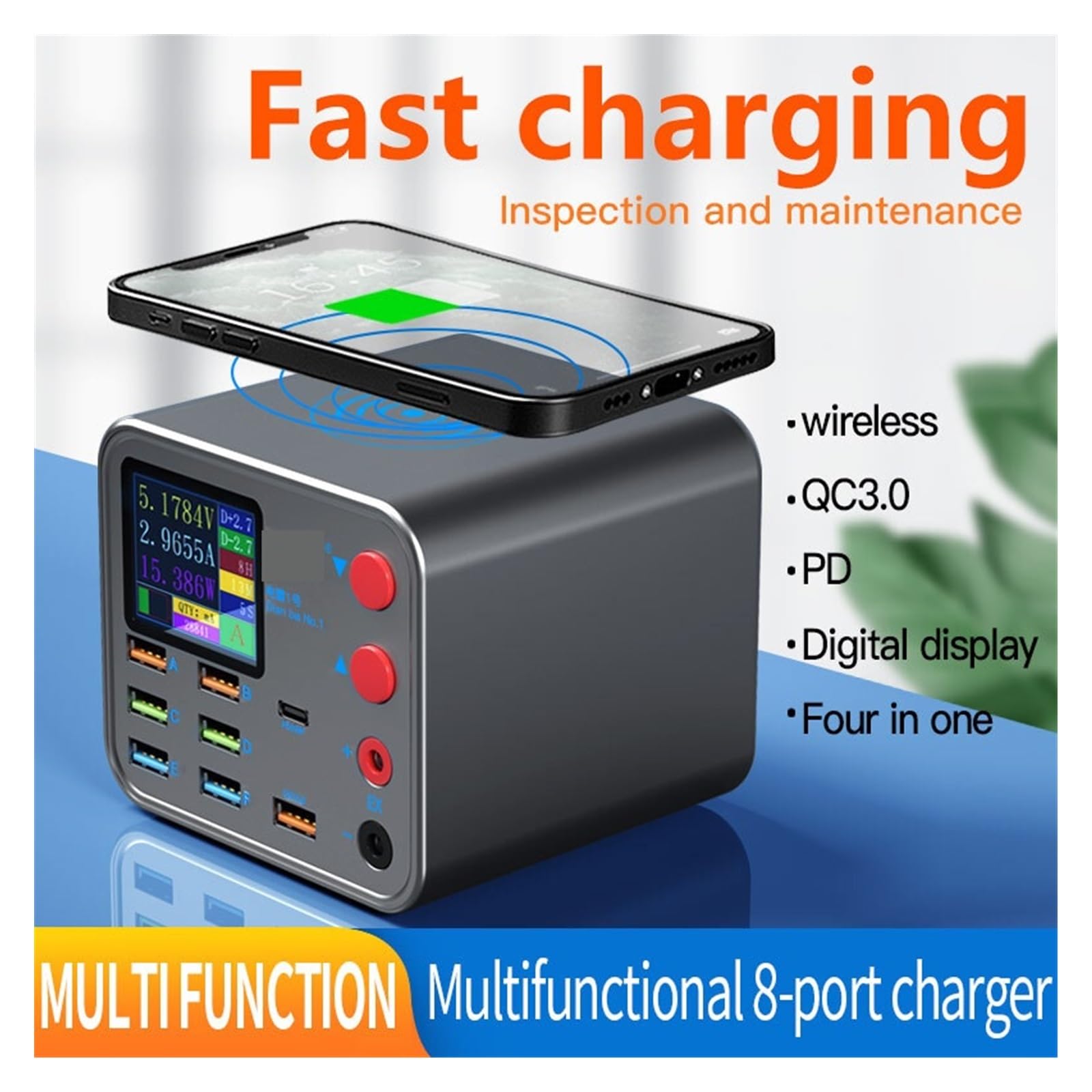 Caricatore USB Multiplo, Ricarica Intelligente Wireless da 25 W QC 3.0 Ricarica del Telefono Wireless con 8 Porte USB Ricarica Sicura