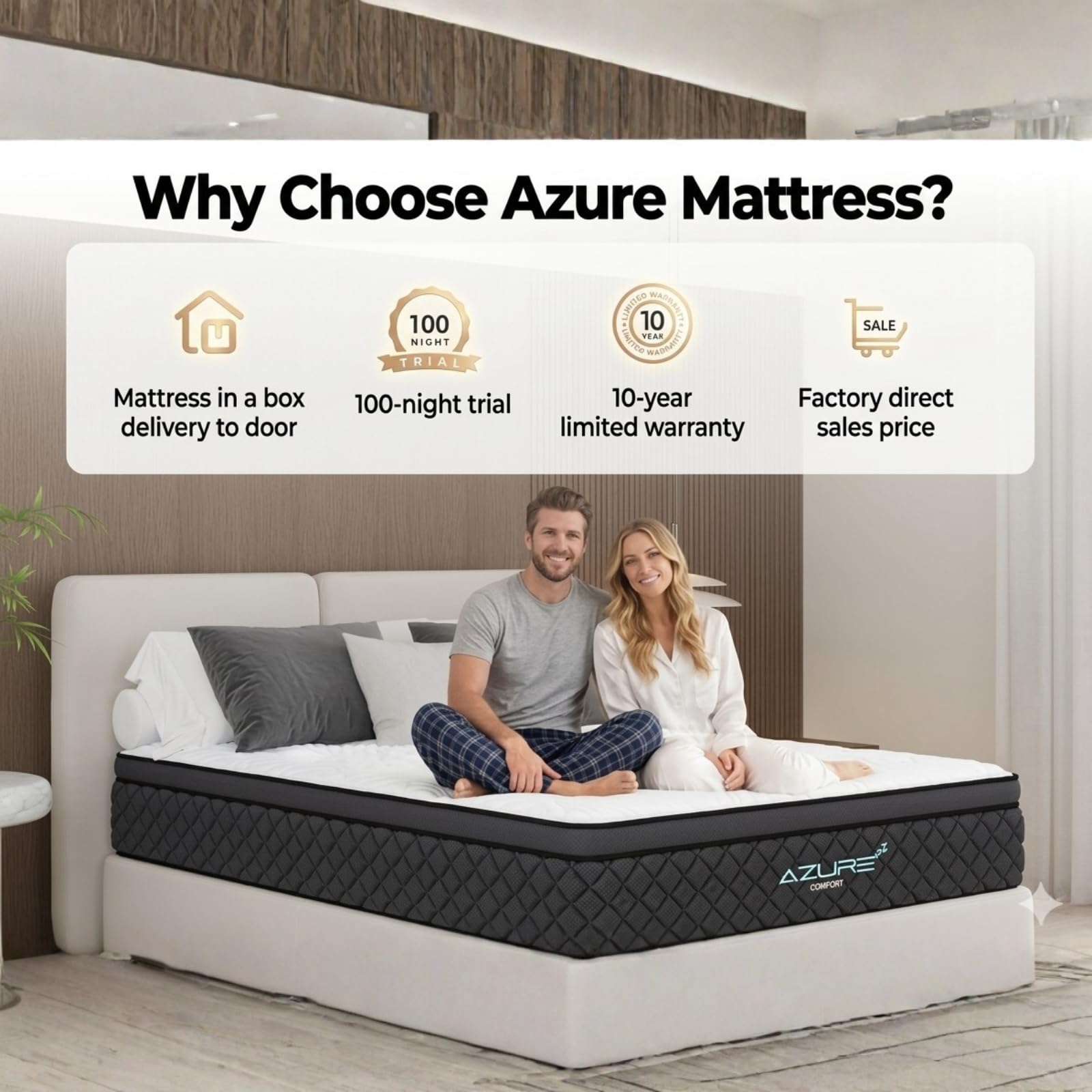 Azure - Colchón individual de 90 x 190 x 30 cm, híbrido de espuma viscoelástica de gel de 12 pulgadas, muelles ensacados ortopédicos de 7 zonas, firmeza media, sistema Wave Comfort, aislamiento de