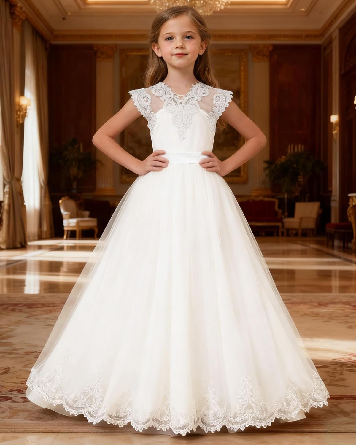 YALLET Flower Girl Dress Satin Sleeveless Back V-Neck Girls Formal Dress Lace Tulle Girls Ball Gown with Bow for Wedding Prom