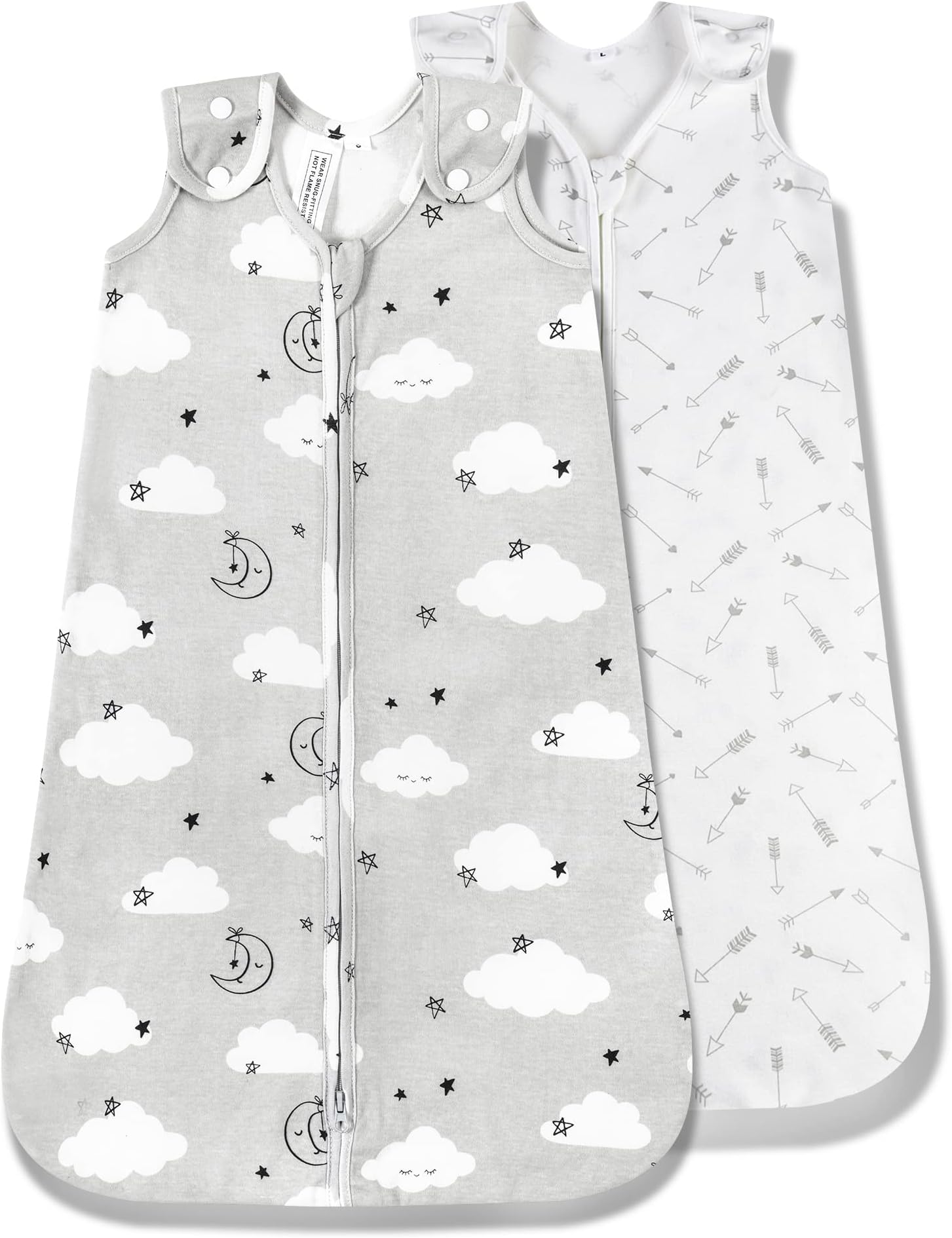 TILLYOU Cotton Sleep Sack 2 Pack - TOG 1 Baby Wearable Blanket with 2-Way Zipper, Extra Soft Sleeveless Sleeping Bag for Infants, 6-12 Months, Grey Cloud & Gray Arrow