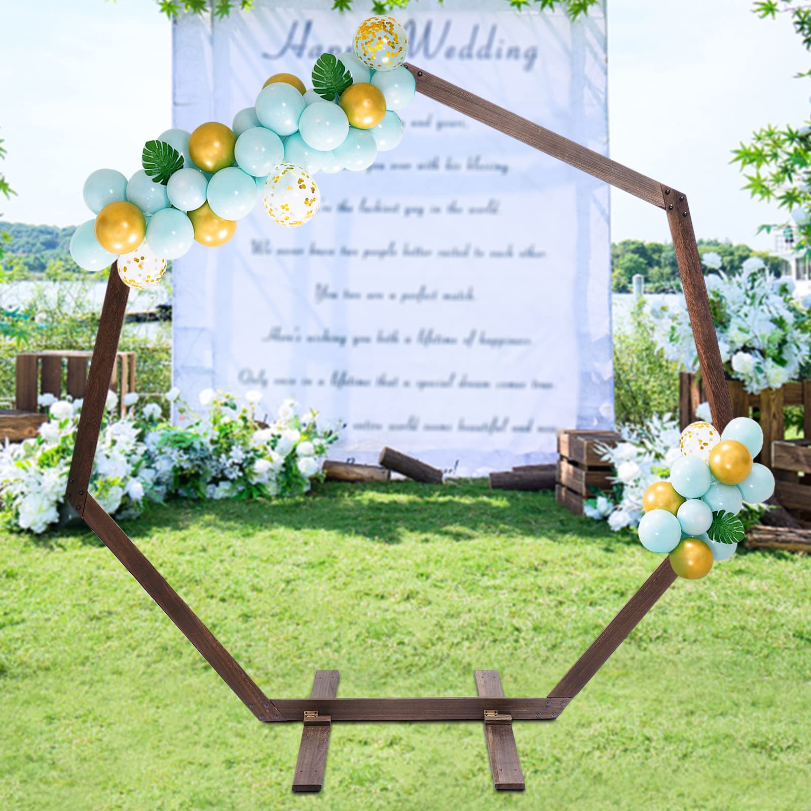 Hochzeitsbogen, Holz Heptagon Hochzeit Hochzeit Hintergrund, Tragfähigkeit 5KG, 2.24X2.19M, Traubogen für Babyparty, Geburtstagsfeier, Braun