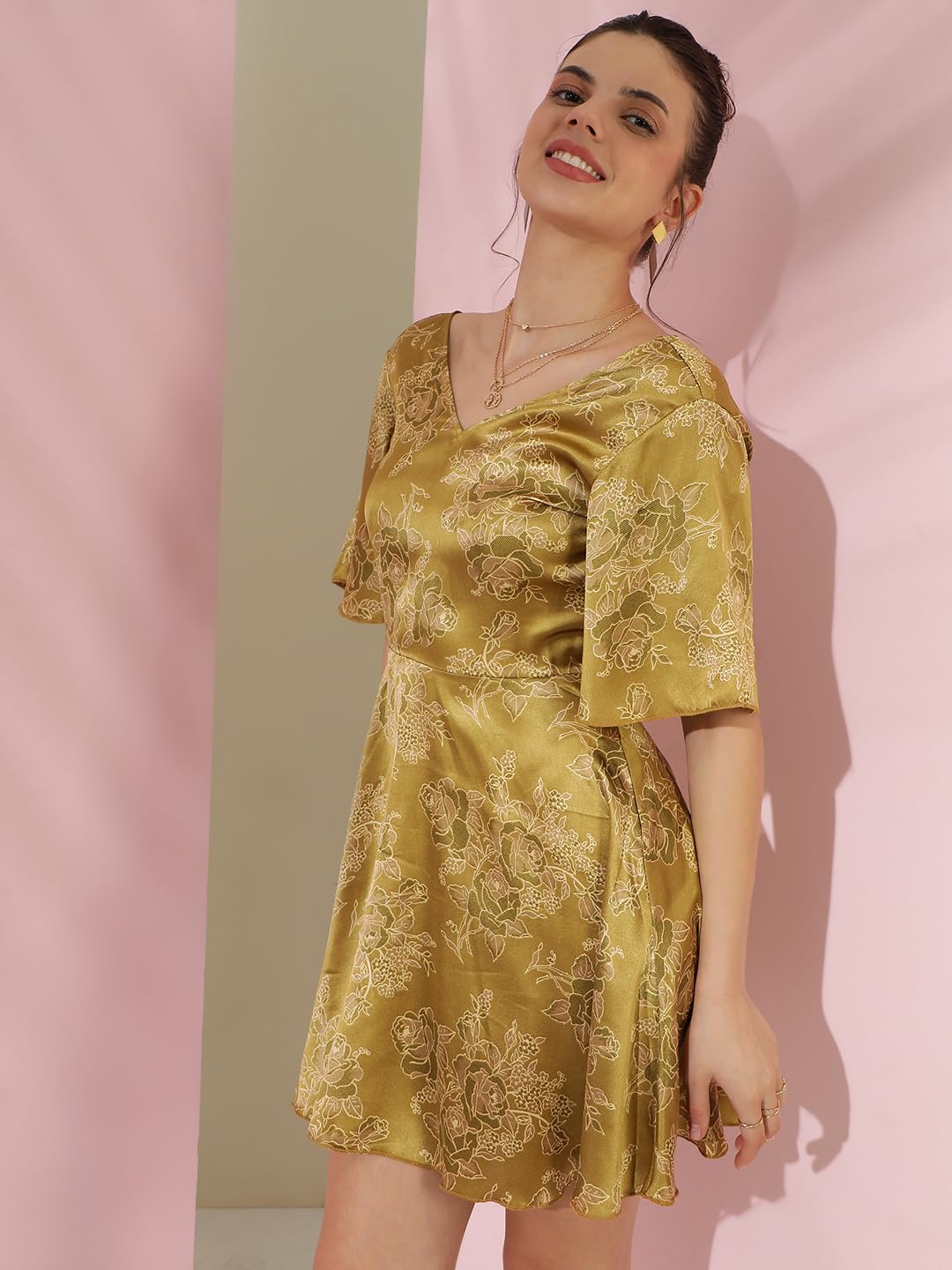 Kotty Women's Floral Printed Flared Sleeves Satin Fit Flare Mini Dress(Green,M)