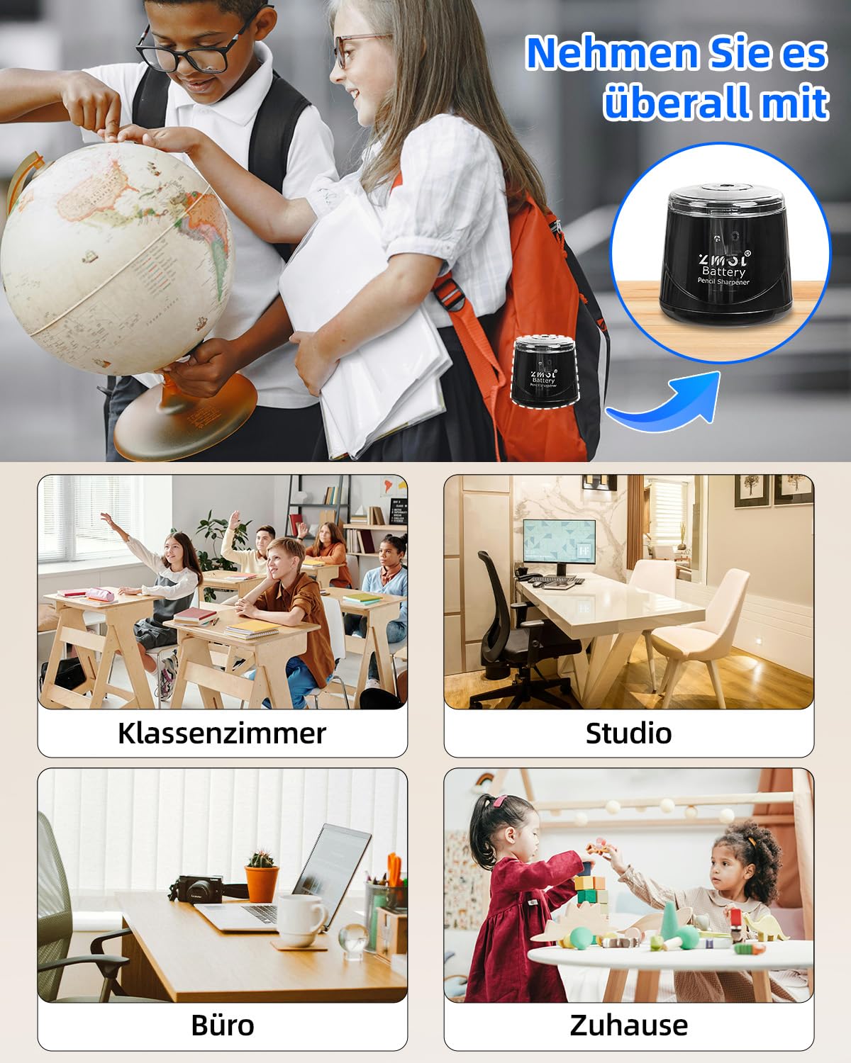 ZMOL Elektrischer Spitzer & Anspitzer, Bleistiftspitzer für Kinder, Batteriebetrieben für Buntstifte und Bleistifte (6-8mm), für Schule, Büro, Haushalt und Klassenzimmer, Kinderfreundlich – Schwarz
