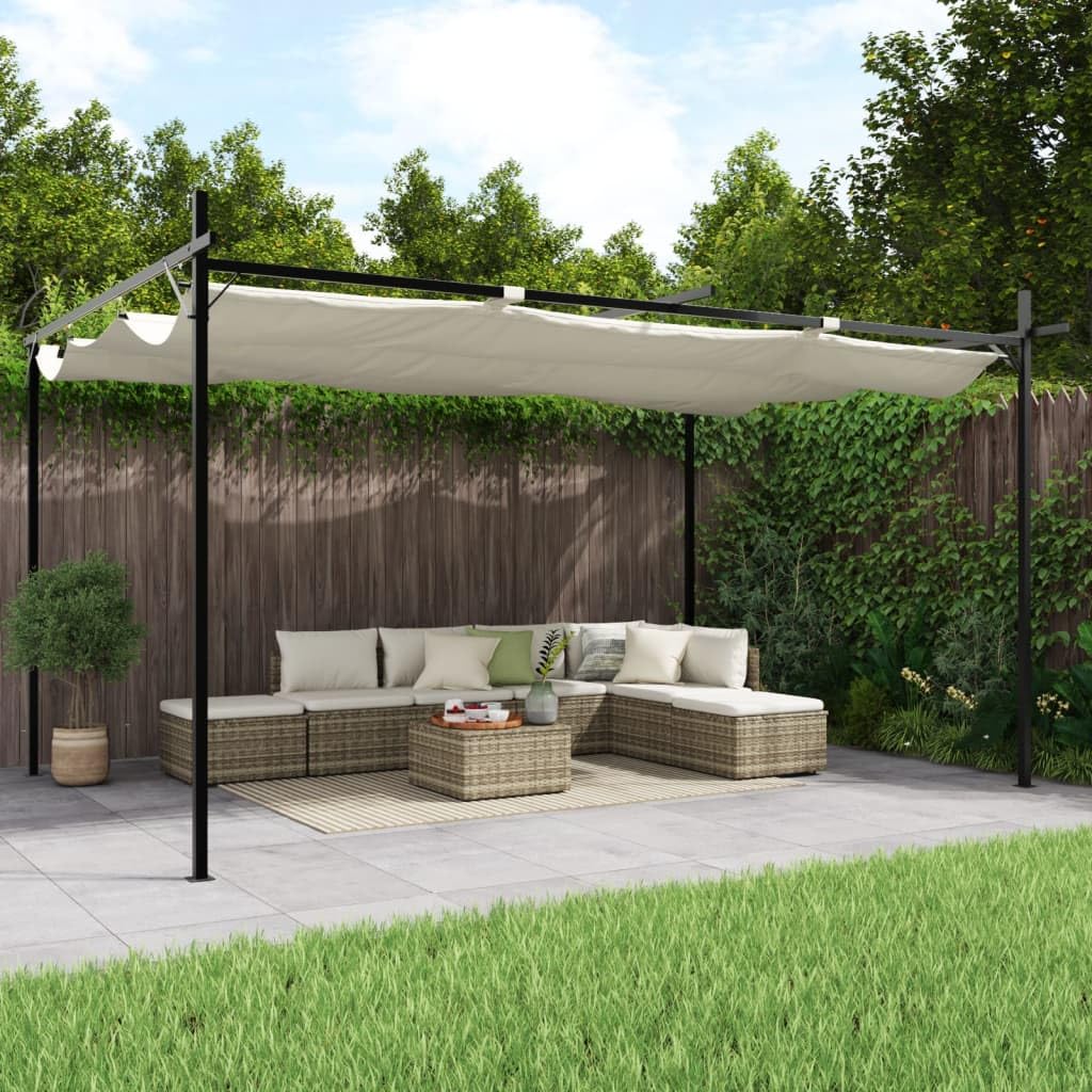 Pergola avec toit coulissant Crème en acier revêtu par pulvérisation et aluminium 395 x 292 x 230 cm Tente de jardin avec protection UV et distributeur d'ombre pour jardin, terrasse, fête