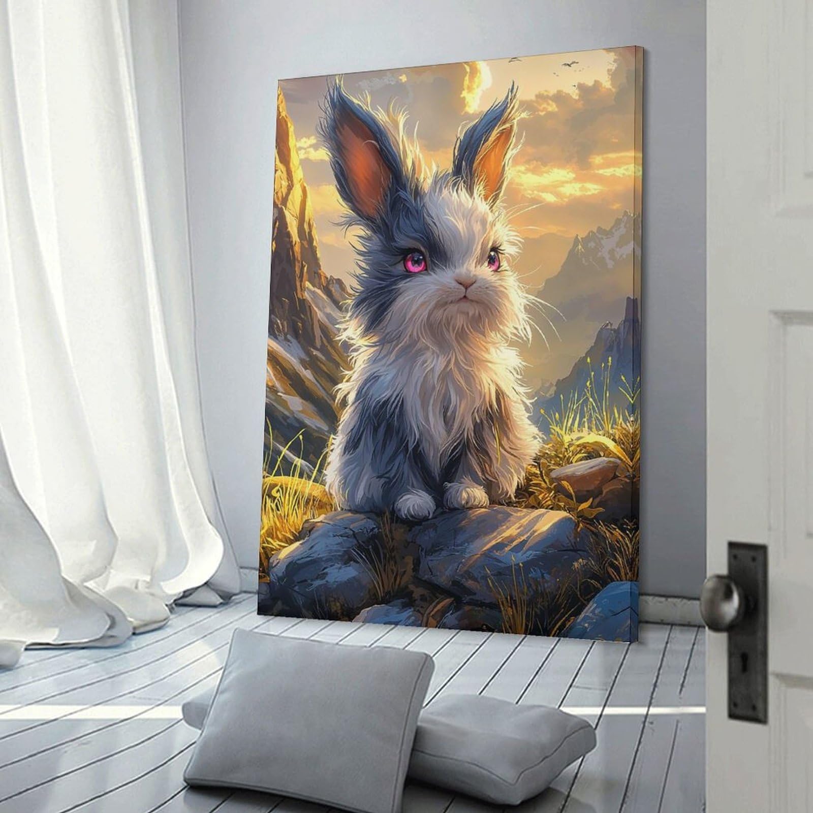 Junmoney Frame-Style-6 Decorative Wall Artwork Fluffy Bunny In Mountain Landscape, 08X12inch(20X30cm), For Contemporary Homes, Apartments Or Offices, An Easy Choice For New Home Styling