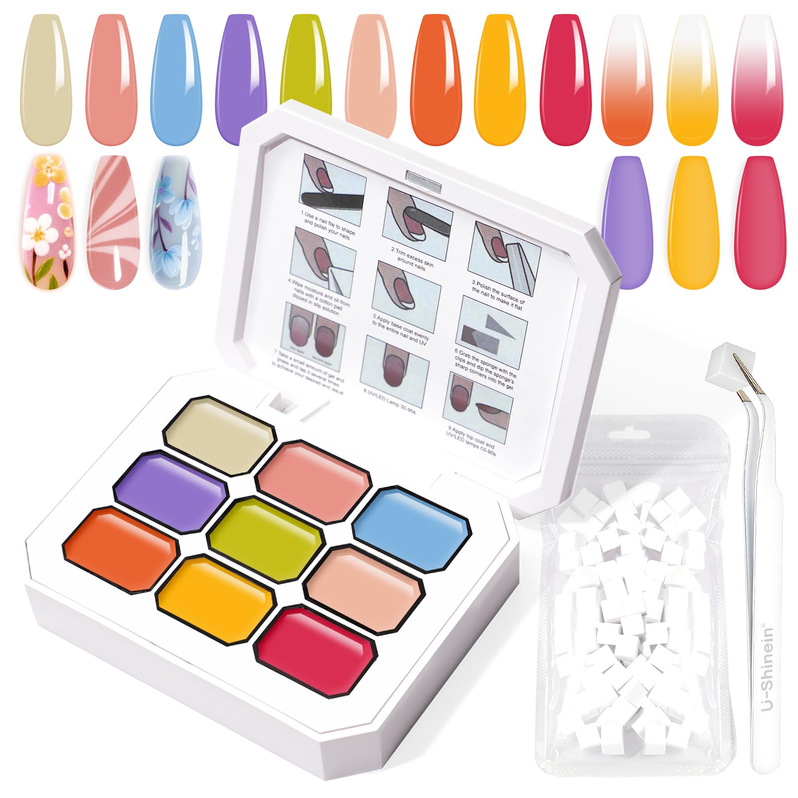 U-Shinein Gradient Painting Gel, 9 Bright Colors Ombre Gel Nail Polish Orange Yellow Blue for Pigment Pat Kit Aura Nails French Manicure Soak Off UV